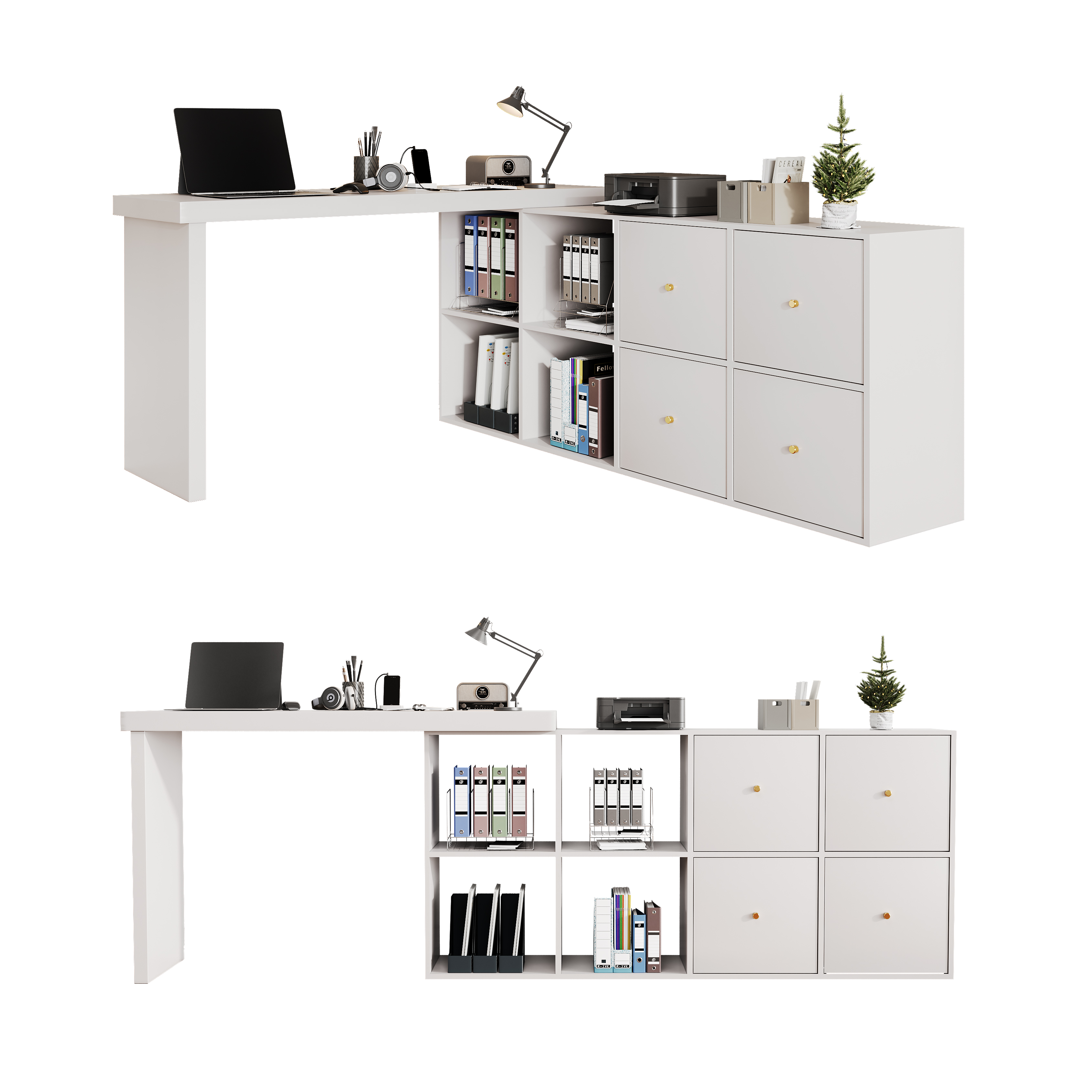 Bureau d’angle pivotant à 360°, bureau informatique avec plateau 120 x 48 cm, meuble 140 cm, 4 tiroirs et 4 niches, Blanc
