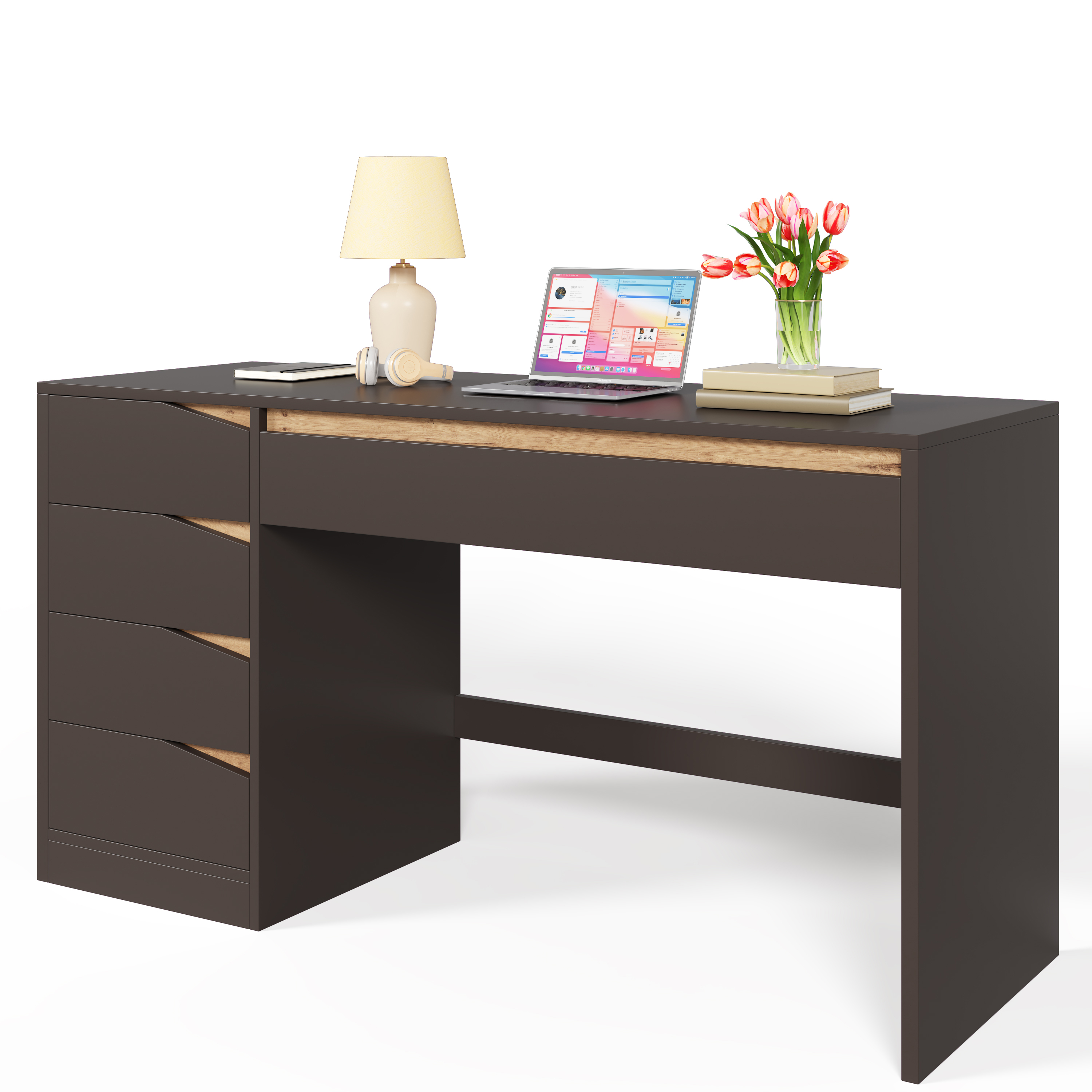 Bureau 140 x 50 cm, bureau informatique et coiffeuse avec 5 tiroirs, MDF, Gris et effet chêne