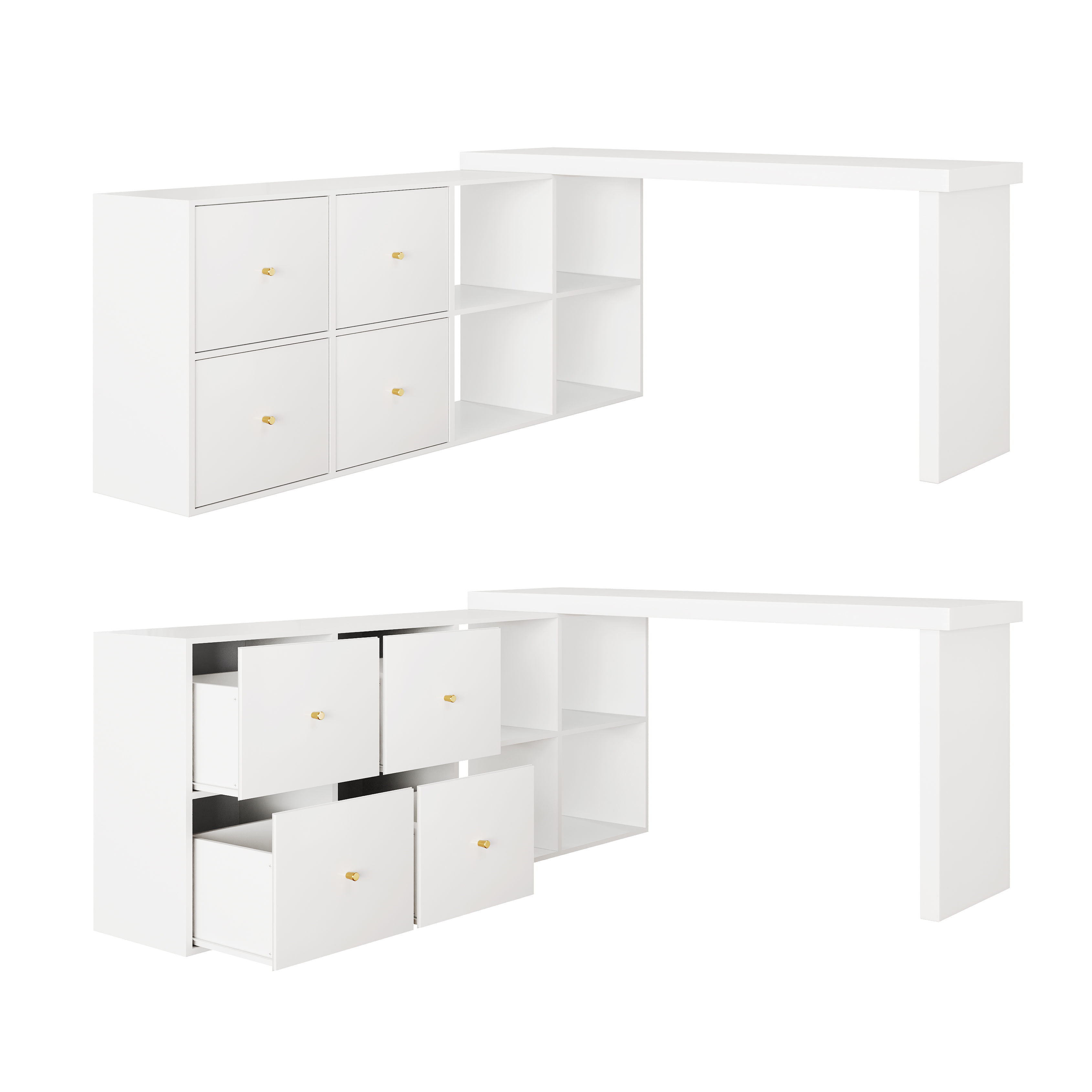 Bureau d’angle pivotant à 360°, bureau informatique avec plateau 120 x 48 cm, meuble 140 cm, 4 tiroirs et 4 niches, Blanc