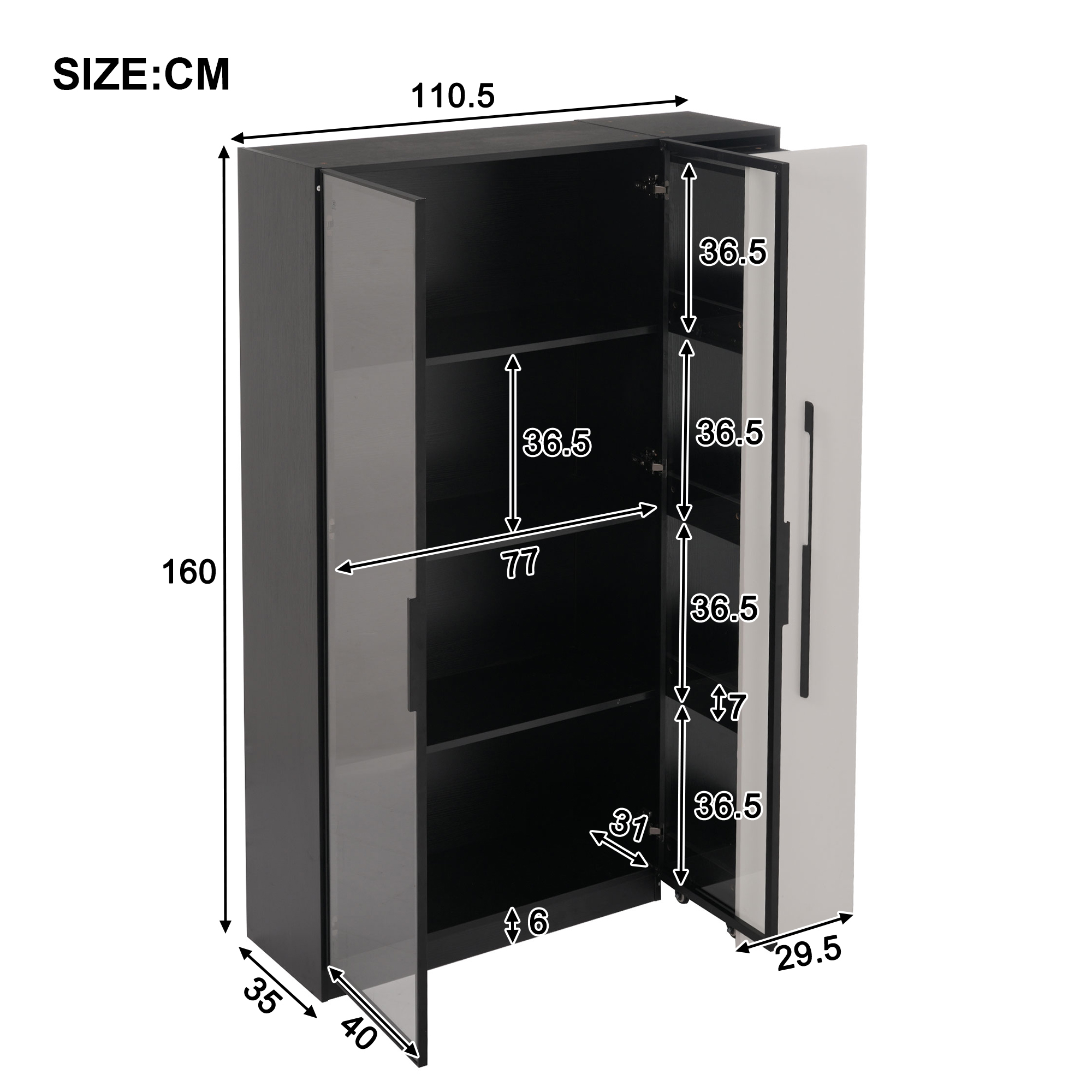 Schéma dimensions et caractéristiques du meuble vitrine bibliothèque LED