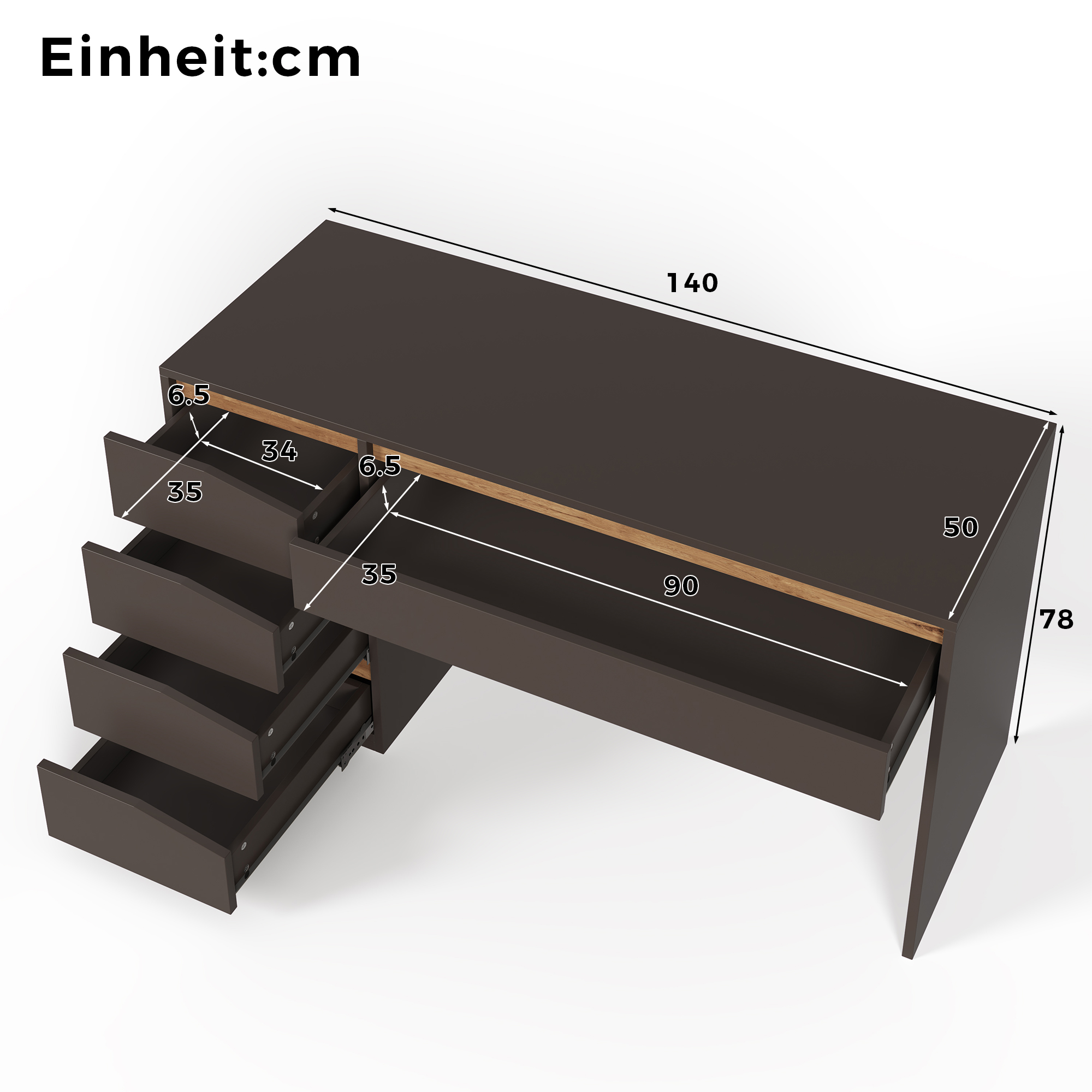 Bureau 140 x 50 cm, bureau informatique et coiffeuse avec 5 tiroirs, MDF, Gris et effet chêne