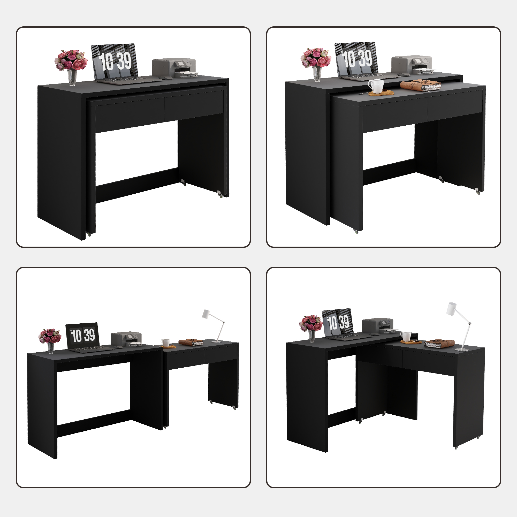Bureau, extensible, mobile sur roulettes, panneaux de particules et bois, noir - vue 5