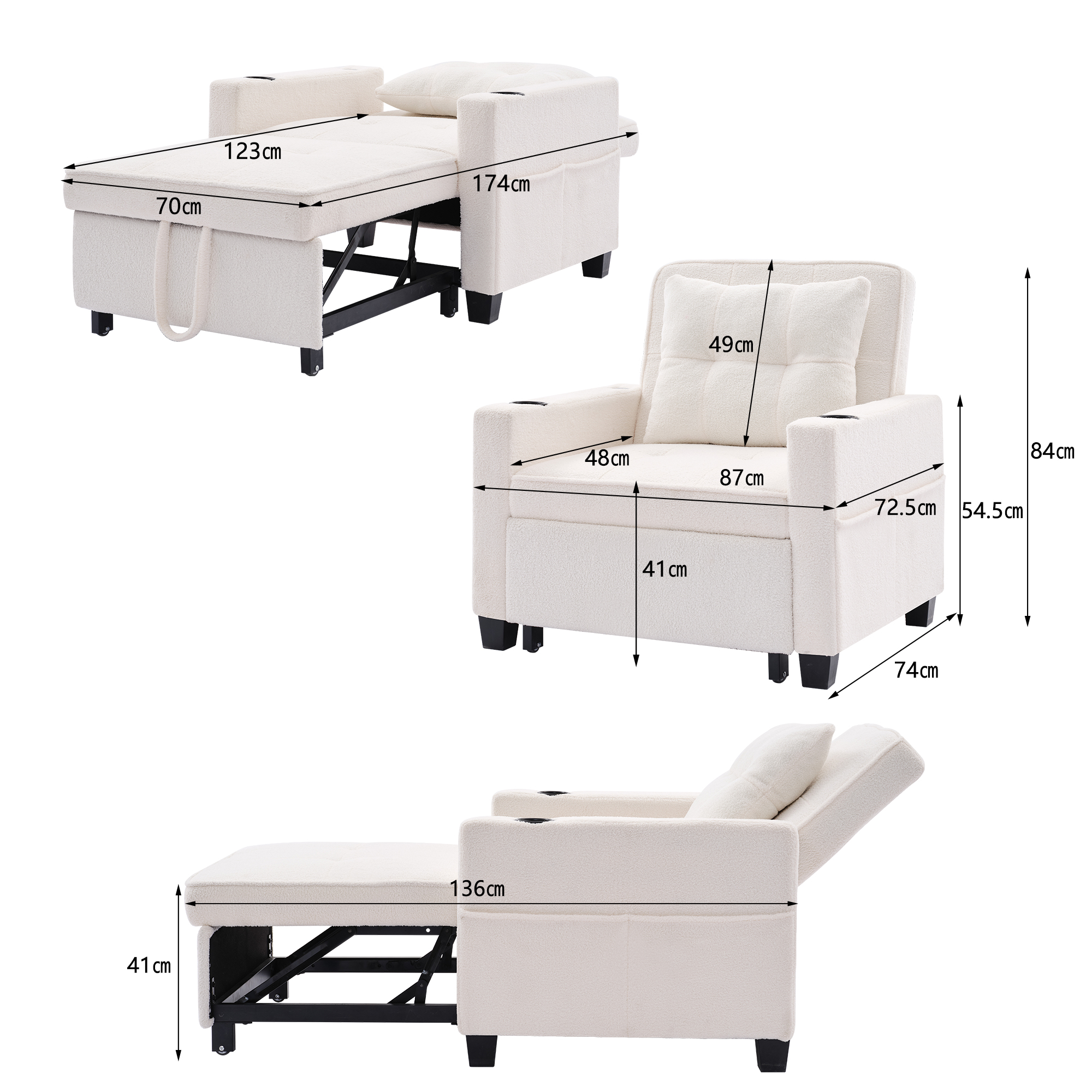 Canapé convertible 3-en-1, fauteuil, chaise longue inclinable 3 angles et canapé-lit, mousse haute qualité, pieds en plastique flexibles, pour petit appartement et chambre d'étudiant, gain de place, multifonctionnel - image 8