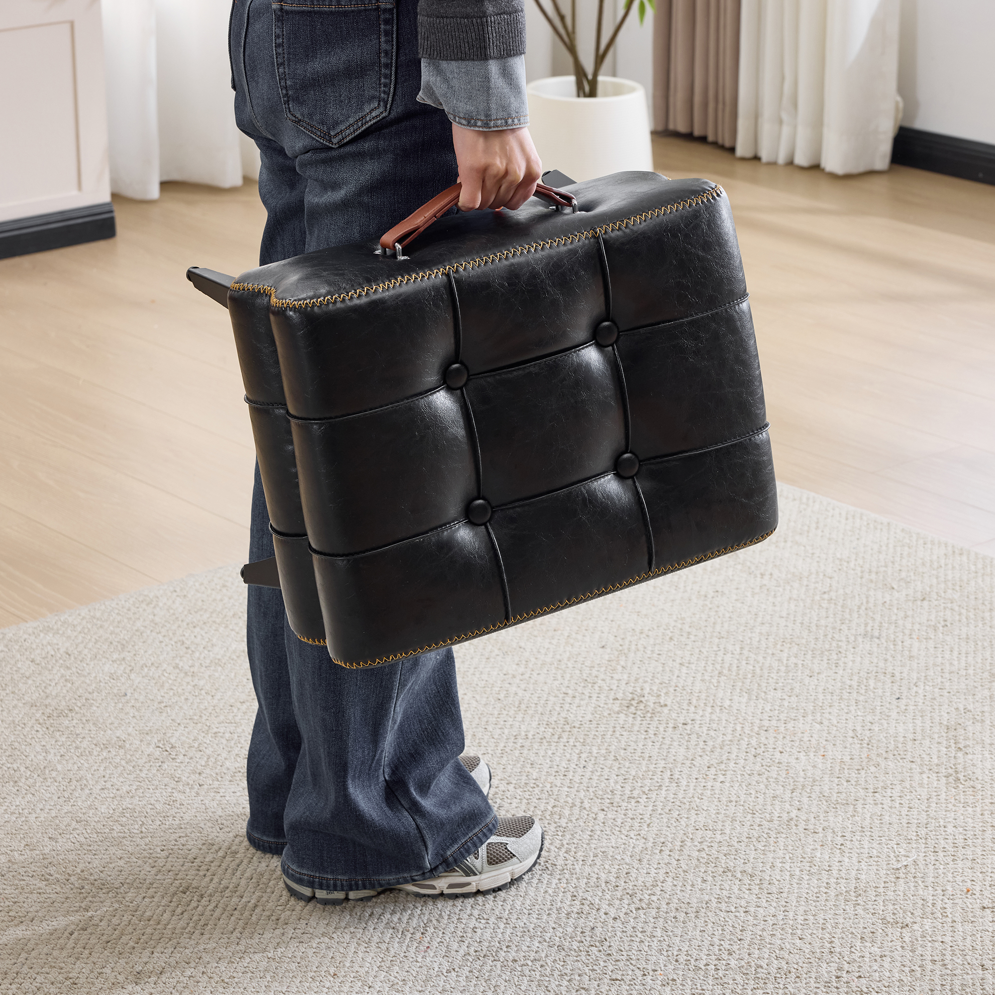 Pouf, 43 x 33 x 30 cm, métal et bois, noir - vue 4