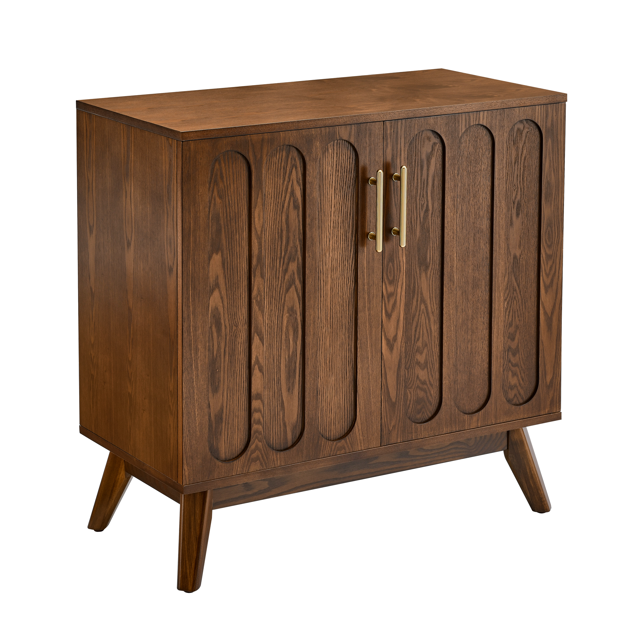 Buffet bas 80,01 cm, meuble de rangement avec étagères réglables, façades rainurées, MDF et bois massif, Effet noyer