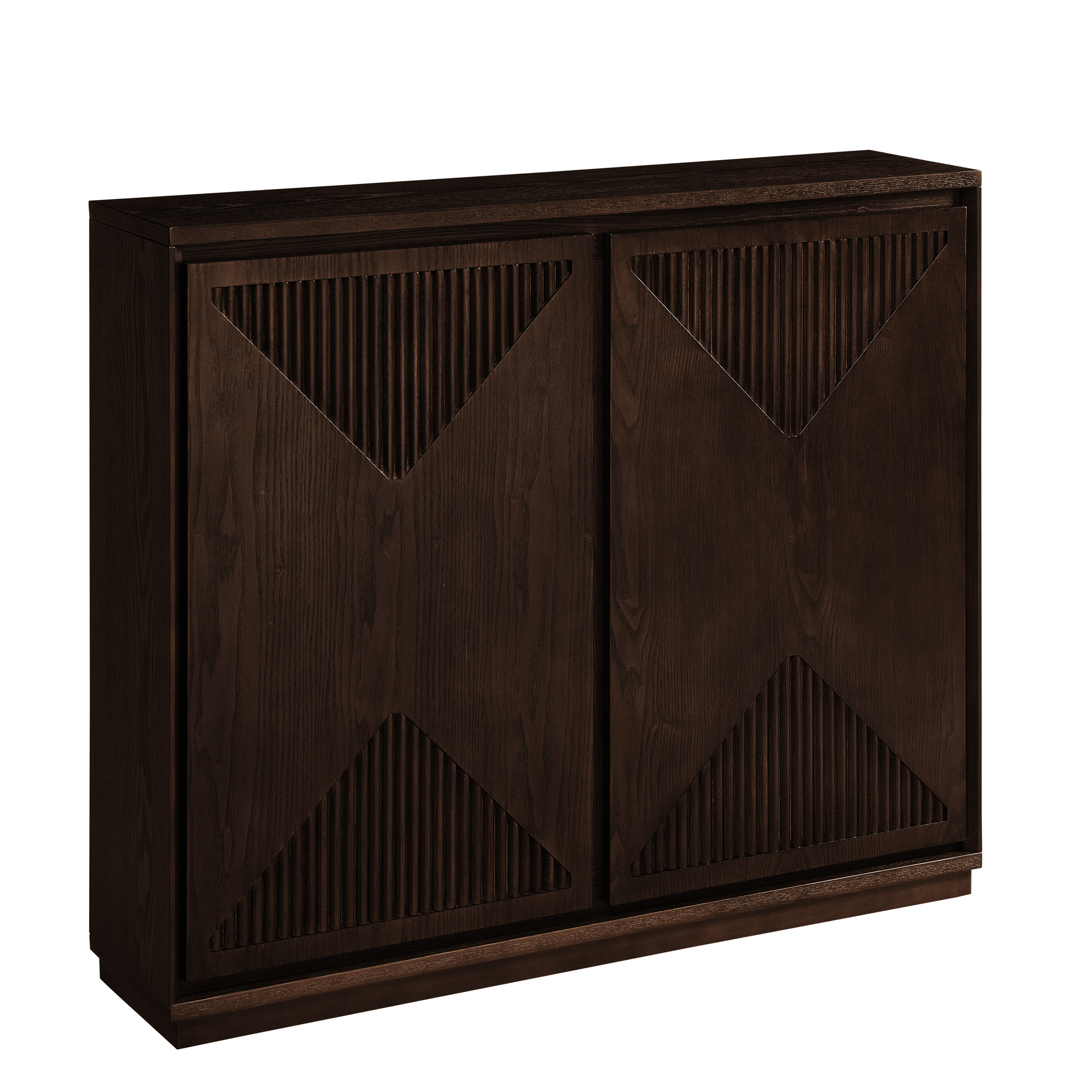Buffet bas 99,06 cm, meuble de rangement avec façades rainurées, MDF et bois massif, Effet noyer