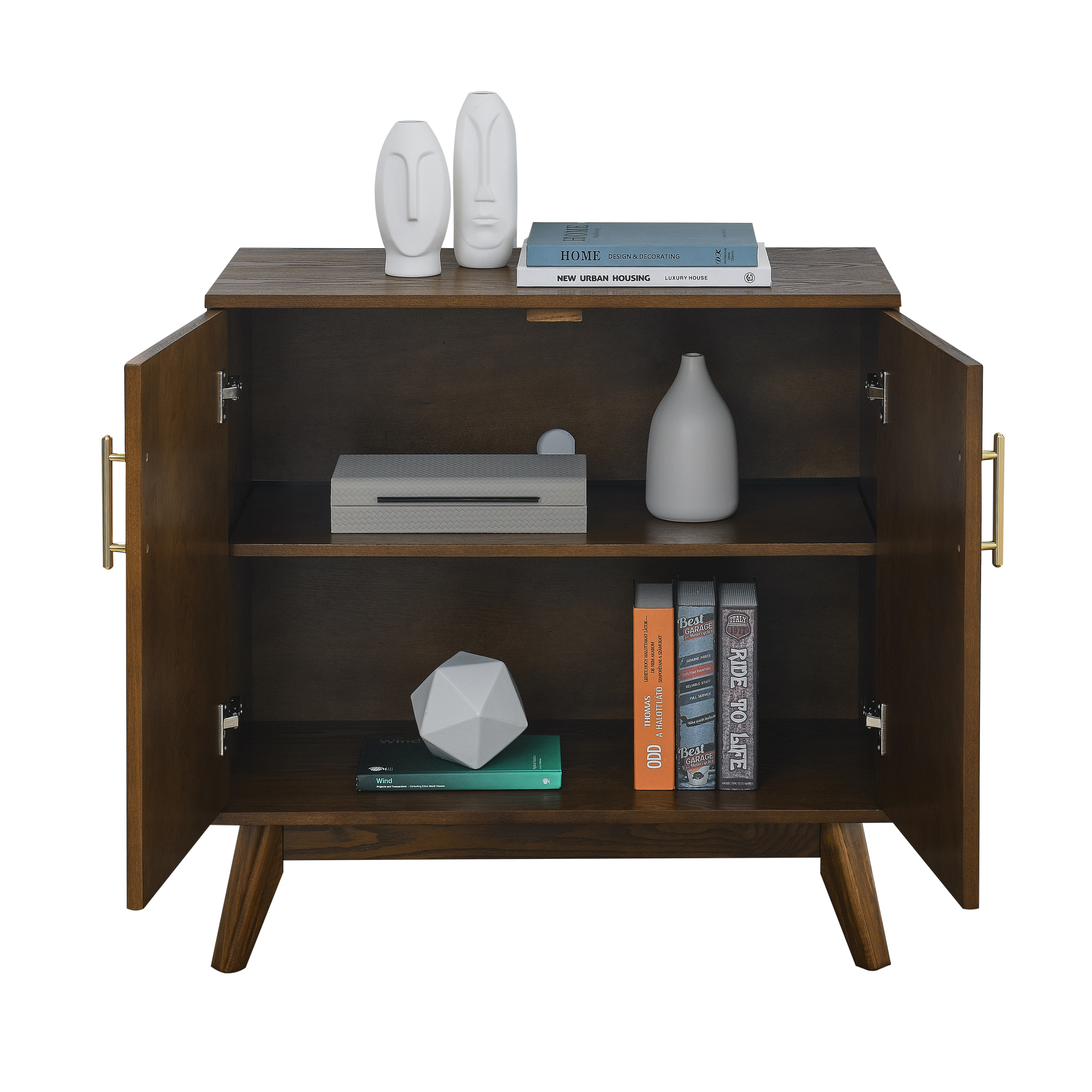 Buffet bas 80,01 cm, meuble de rangement avec étagères réglables, façades rainurées, MDF et bois massif, Effet noyer