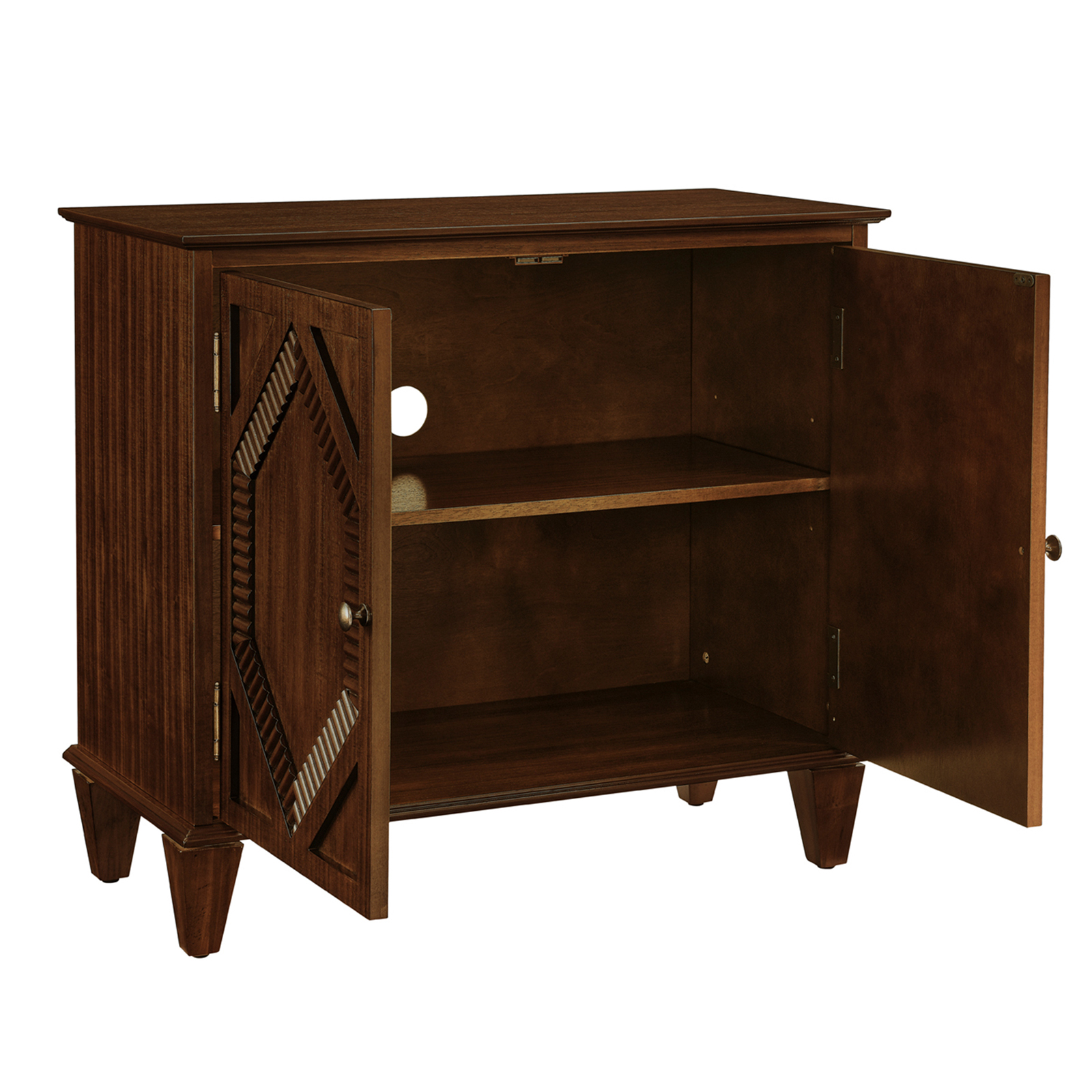 Buffet bas 85,29 cm, meuble de rangement avec étagères réglables, façades rainurées, MDF et bois massif, Effet noyer