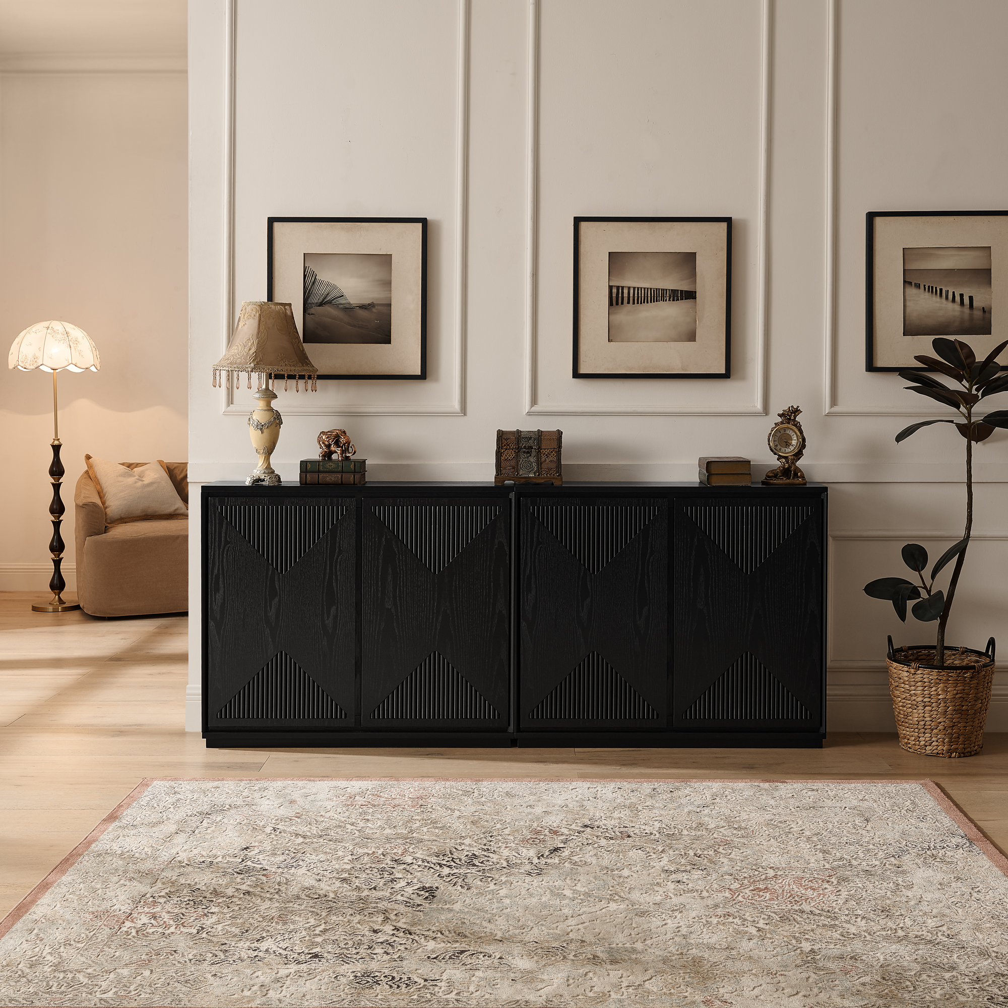Buffet bas 99,06 cm, meuble de rangement avec façades rainurées, MDF et bois massif, Noir