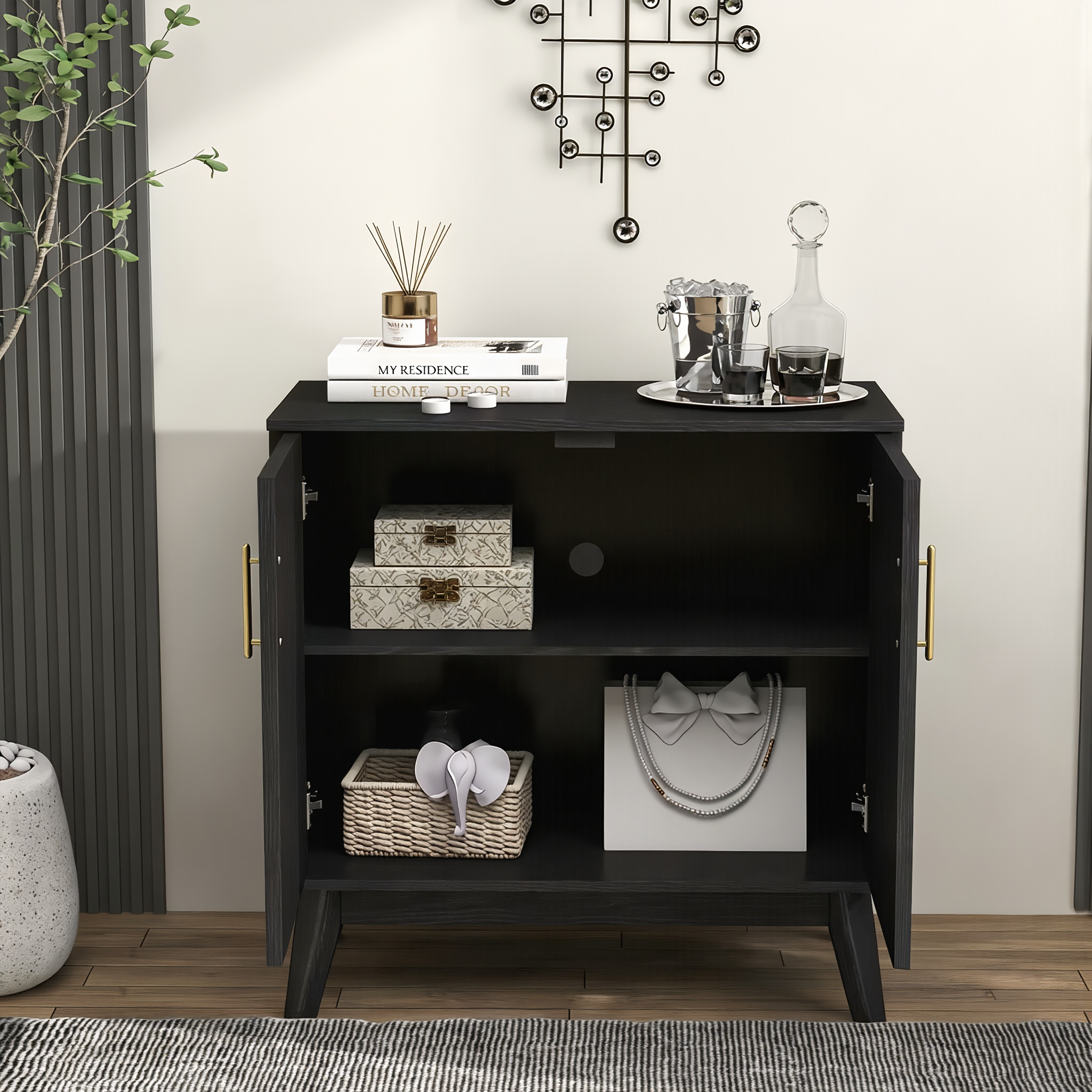 Buffet bas 80,01 cm, meuble de rangement avec étagères réglables, façades rainurées, MDF et bois massif, Noir