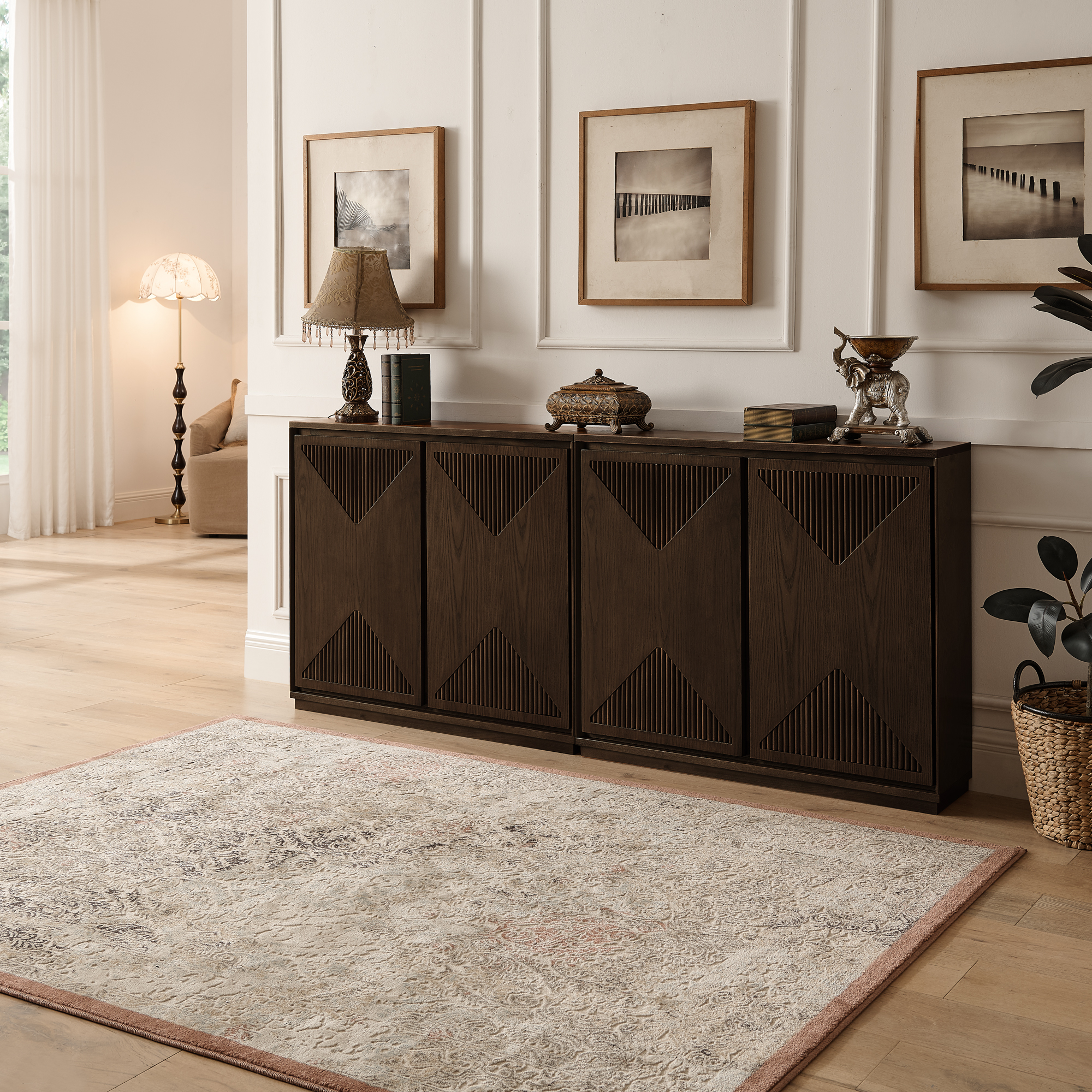Buffet bas 99,06 cm, meuble de rangement avec façades rainurées, MDF et bois massif, Marron