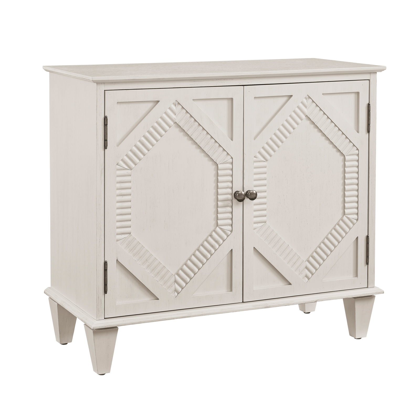 Buffet bas 85,29 cm, meuble de rangement avec étagères réglables, façades rainurées, MDF et bois massif, Blanc antique