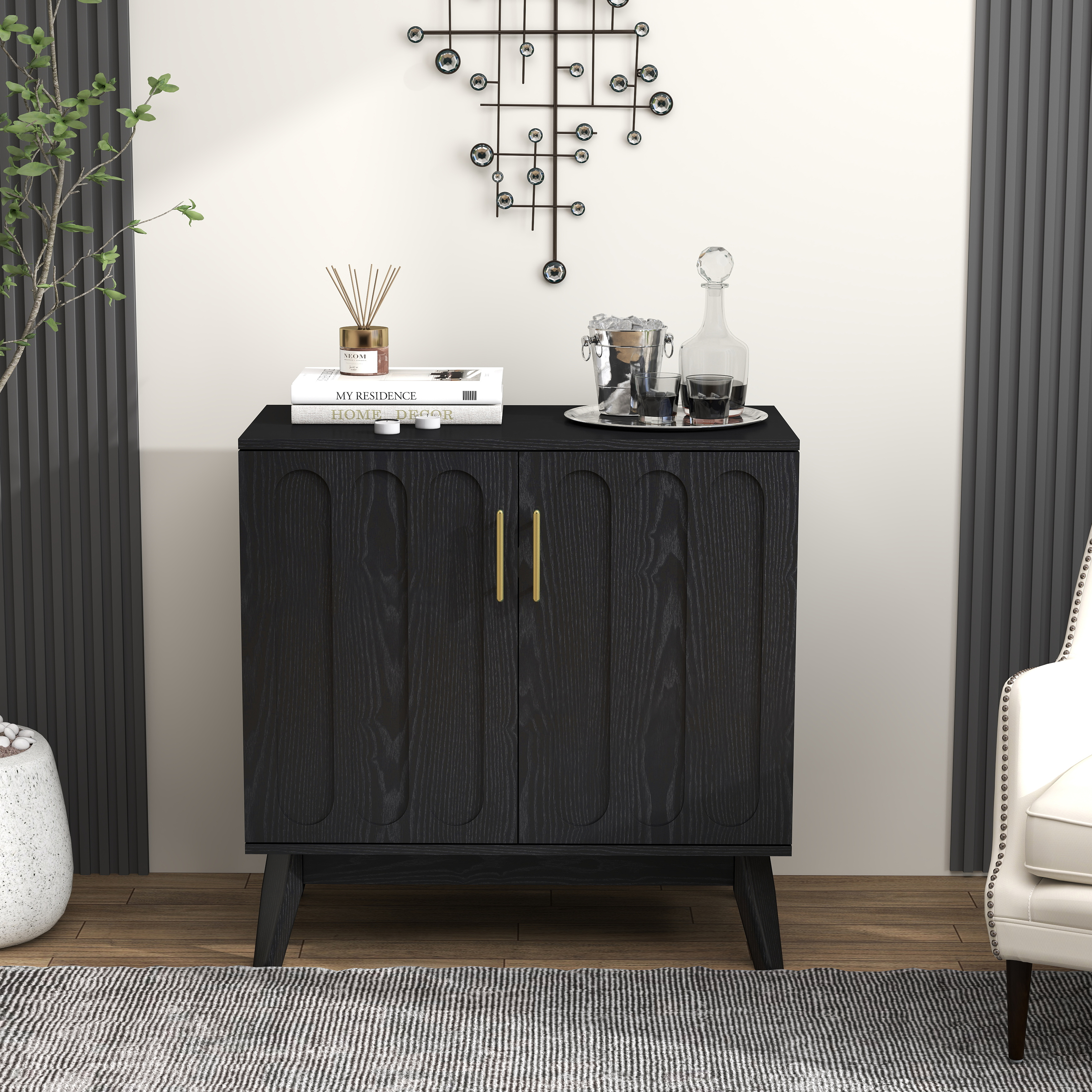 Buffet bas 80,01 cm, meuble de rangement avec étagères réglables, façades rainurées, MDF et bois massif, Noir