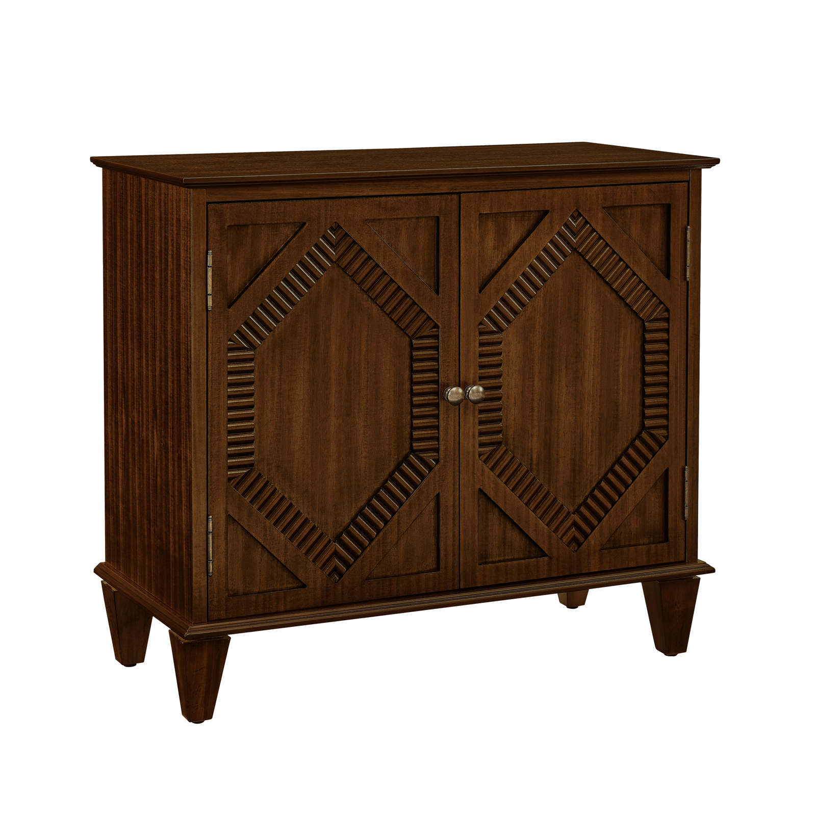 Buffet bas 85,29 cm, meuble de rangement avec étagères réglables, façades rainurées, MDF et bois massif, Effet noyer