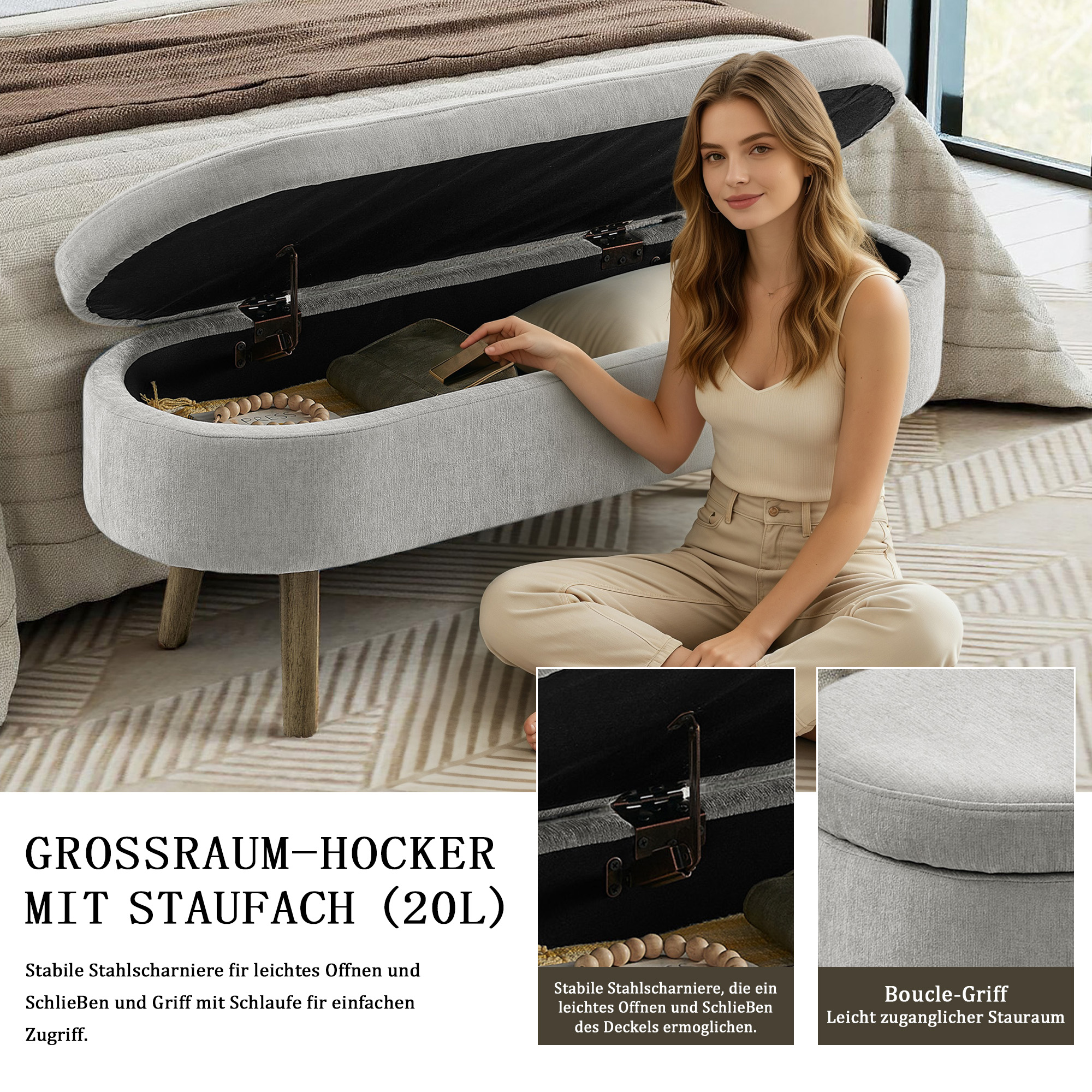 Banc de rangement en bois massif, tissu chenille, 20 L capacité, hydraulique, pour entrée, salon et chambre, design élégant, beaucoup de rangement, confort assise, stabilité, durabilité, style fonctionnel, décoration - image 3