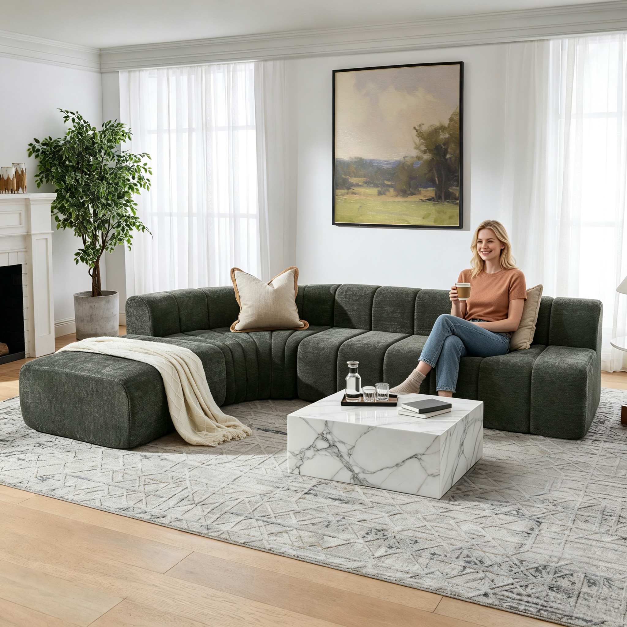 Canapé d’angle 4 places avec rangements, poufs en chenille noir - présentation 1