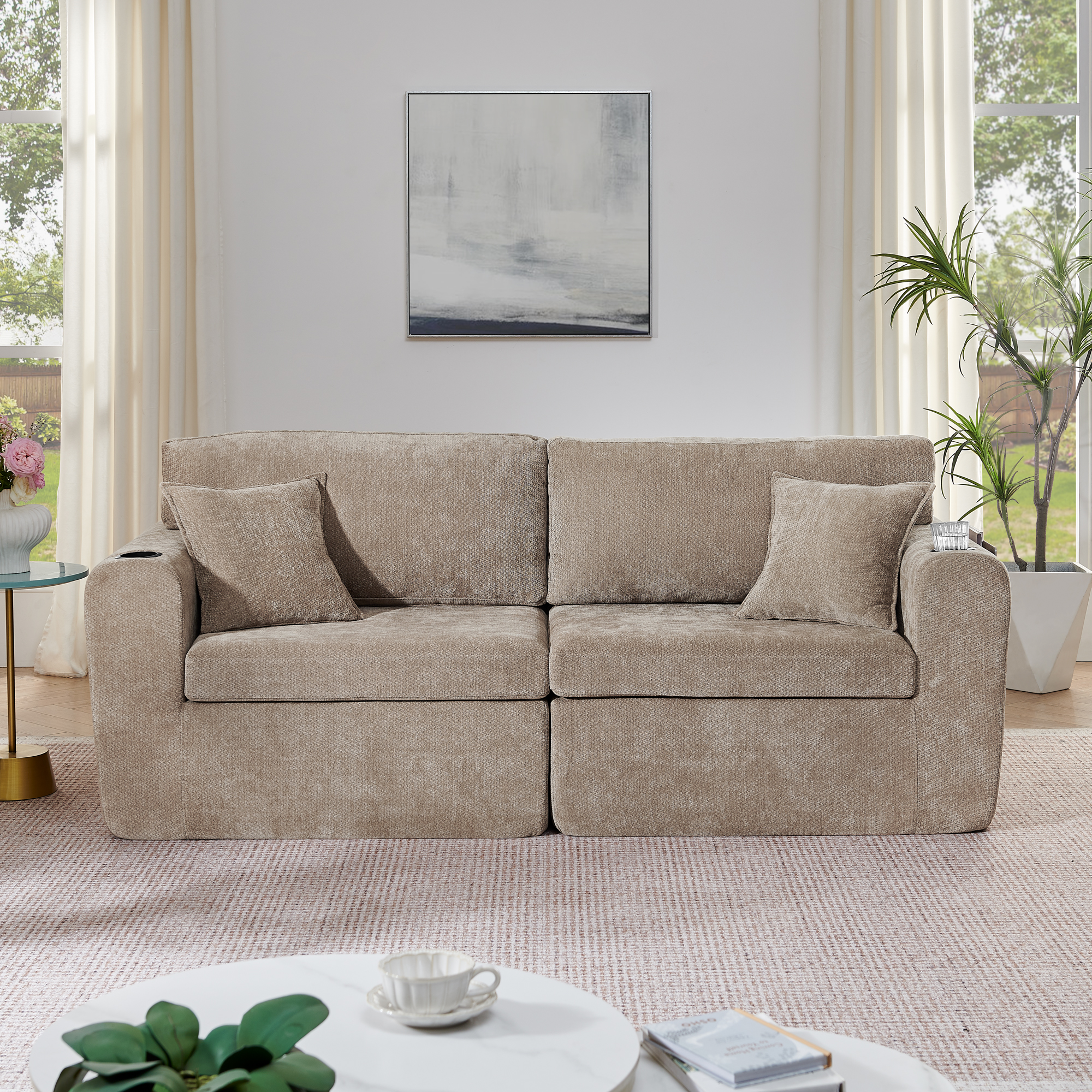 Canapé relax 2 places en chenille marron avec USB et porte-gobelets - vue 3