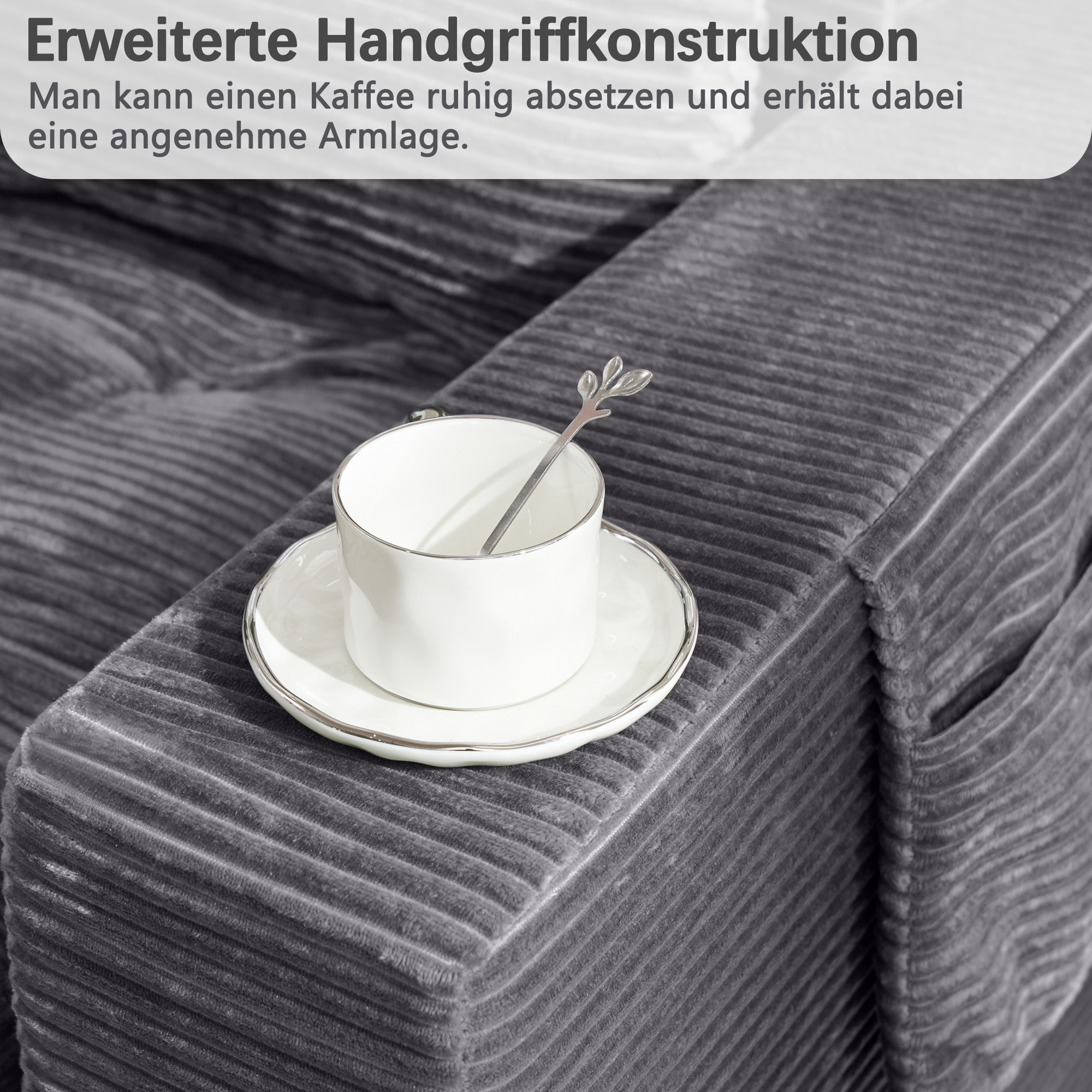 Canapé avec rangements, porte-gobelets en velours côtelé gris - vue complémentaire 1