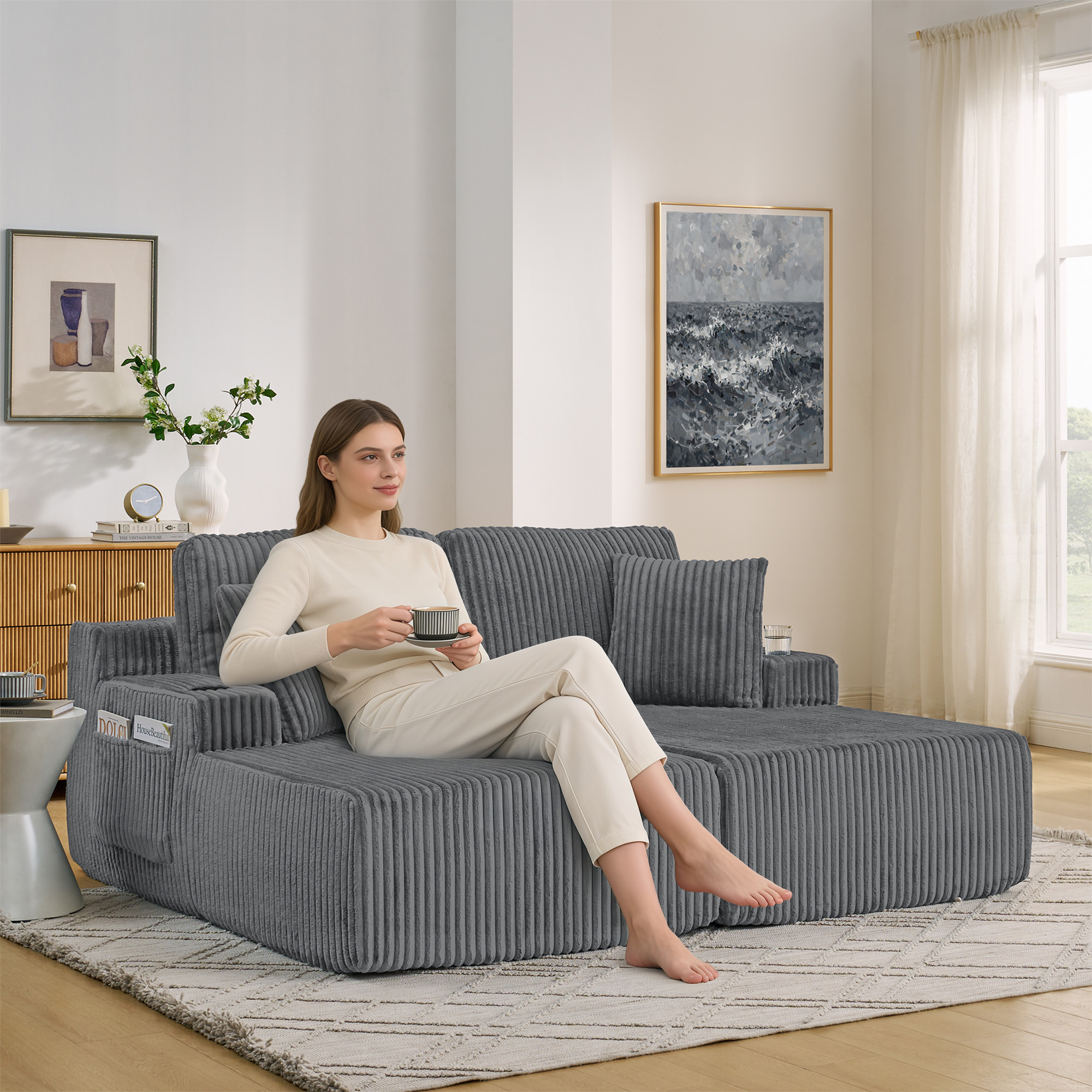 Canapé relax 2 places en cord gris avec porte-gobelets - vue 3