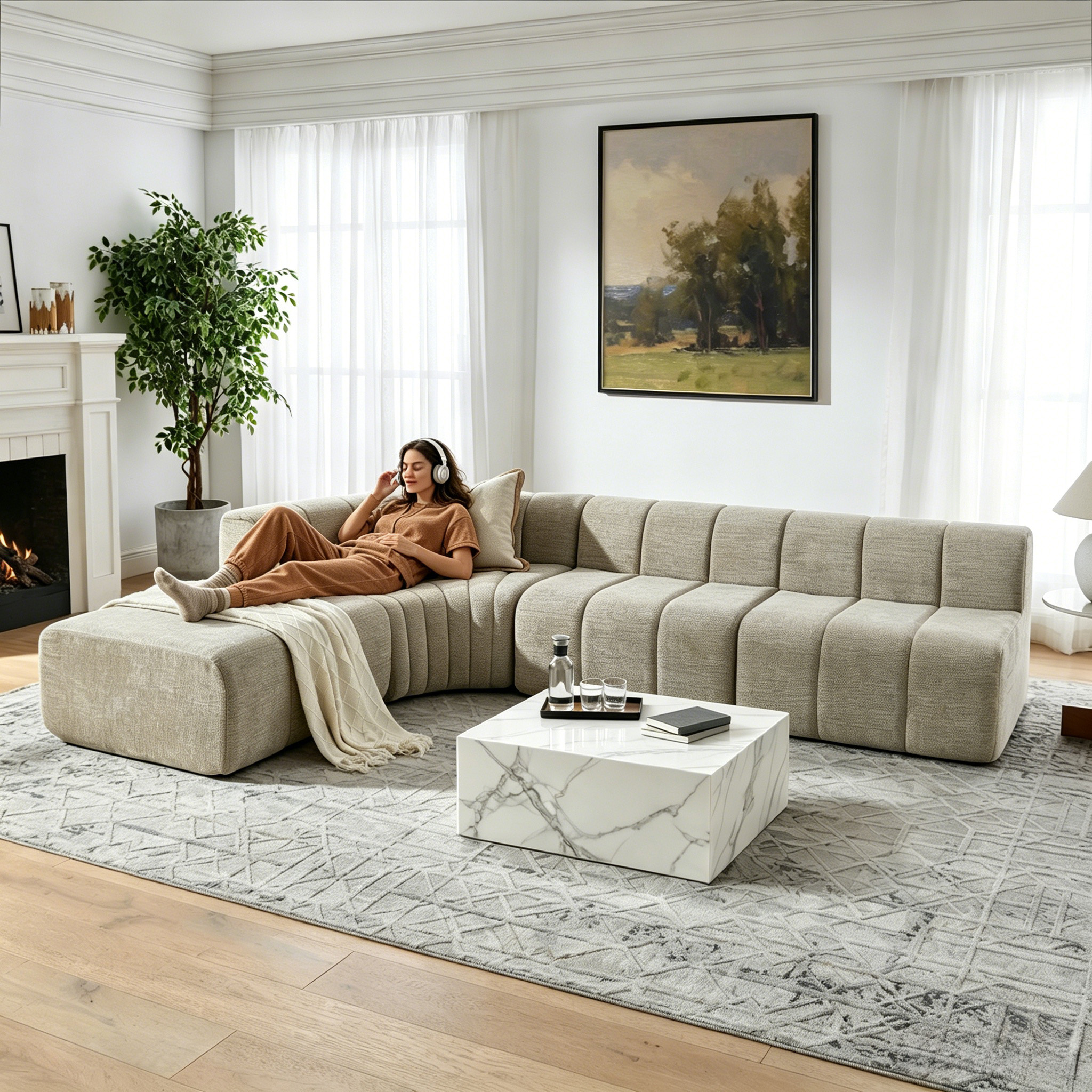 Canapé d’angle 4 places avec rangements, poufs en chenille marron - présentation 1