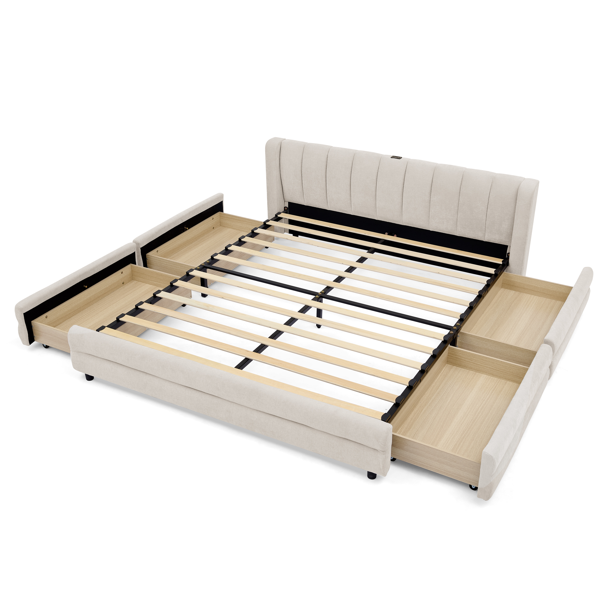 Lit chenille beige avec rangement et USB