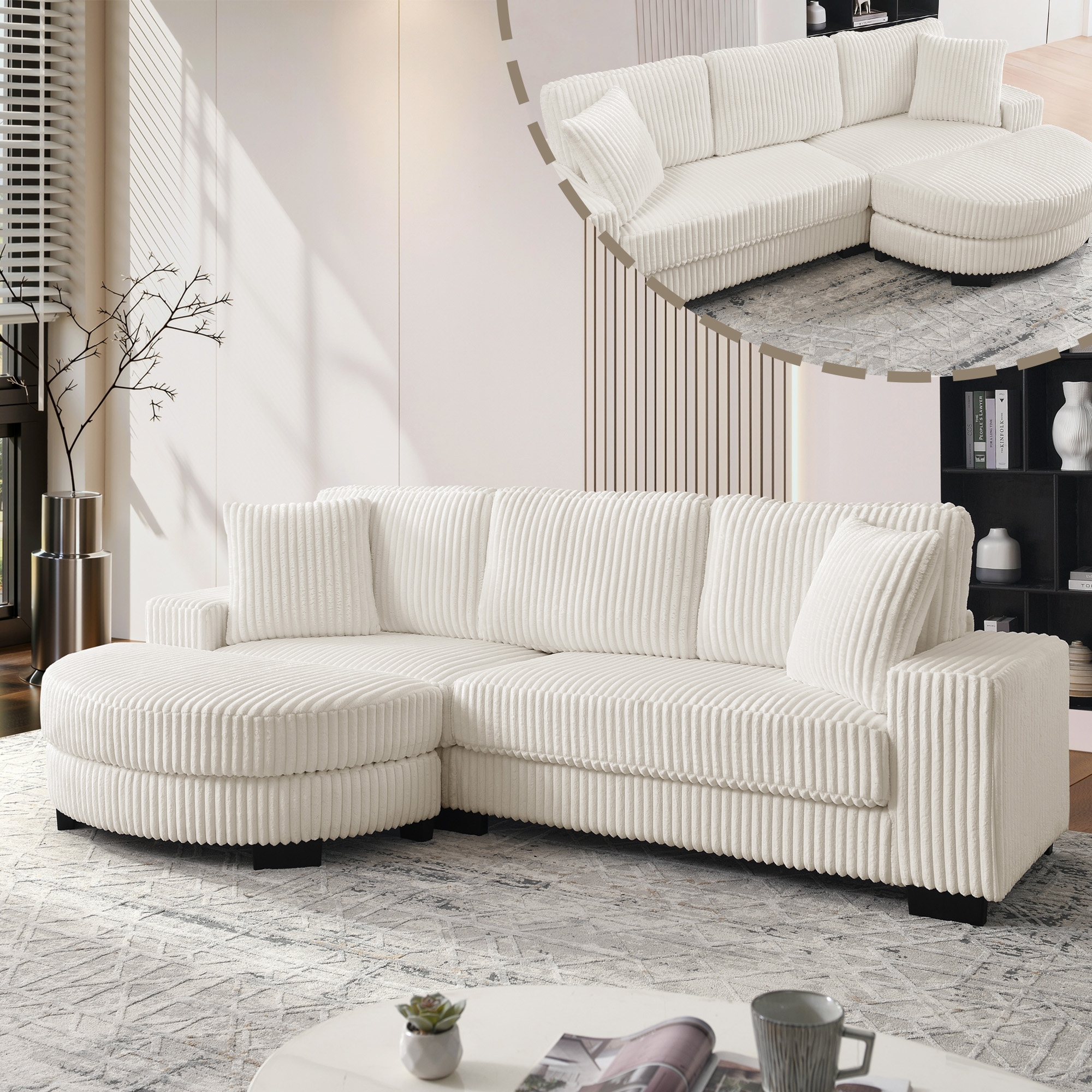 Canapé d angle 4 places en corduroy beige avec pouf - vue 1