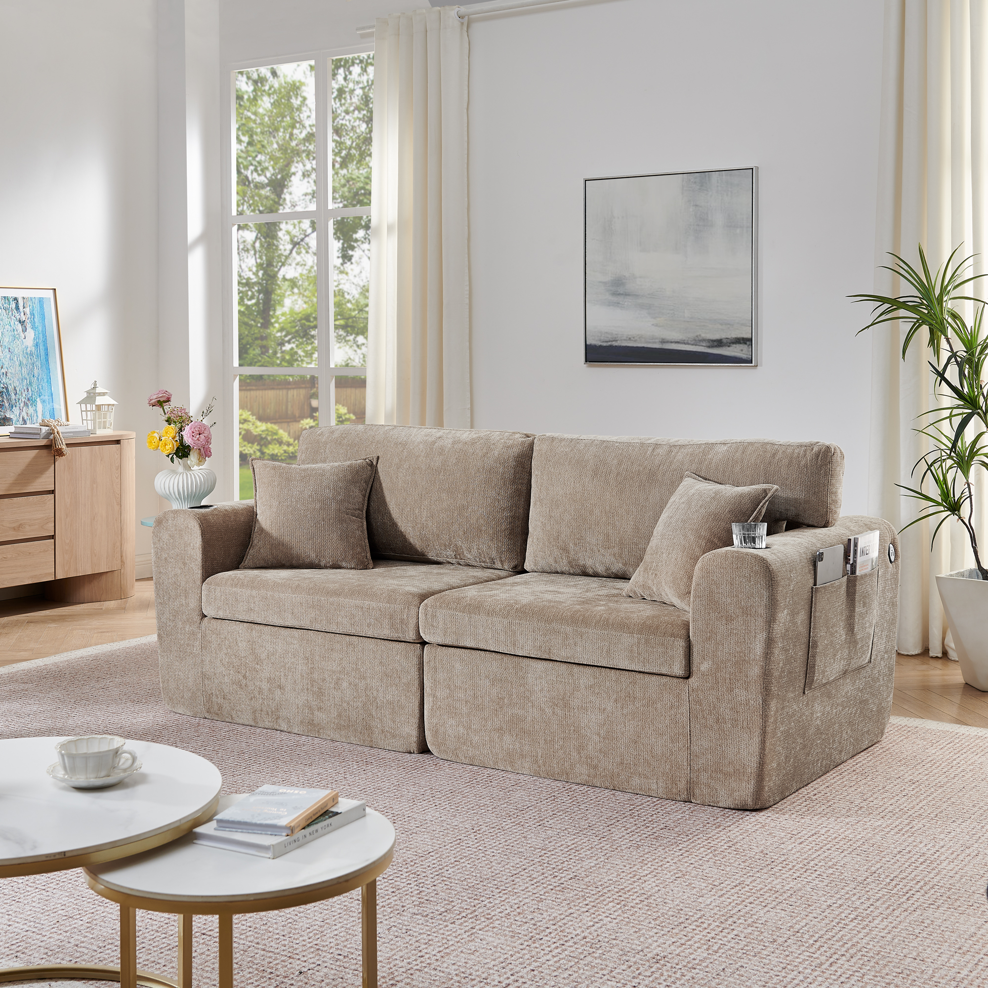 Canapé relax 2 places en chenille marron avec USB et porte-gobelets - vue 2