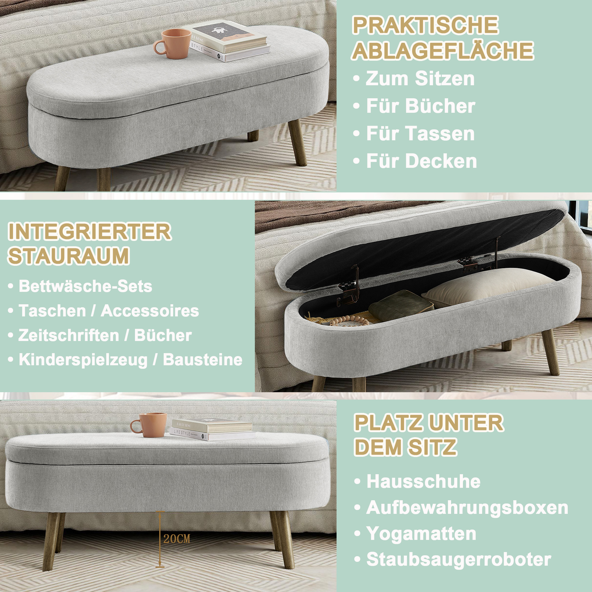 Banc de rangement en bois massif, tissu chenille, 20 L capacité, hydraulique, pour entrée, salon et chambre, design élégant, beaucoup de rangement, confort assise, stabilité, durabilité, style fonctionnel, décoration - image 6