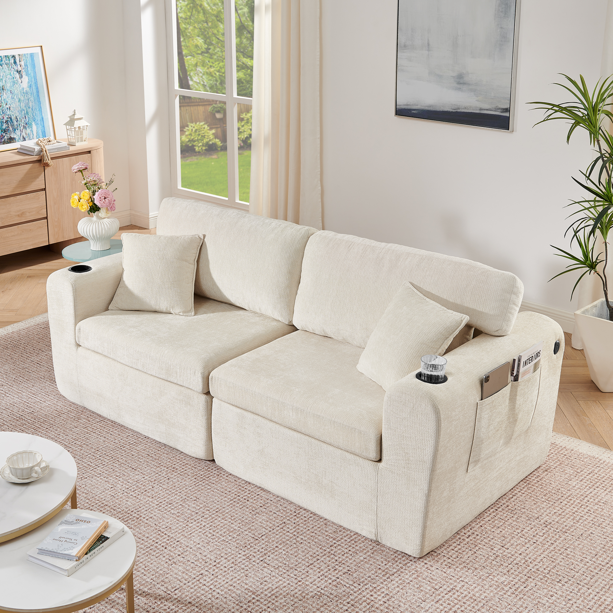 Canapé relax 2 places en chenille beige avec USB et porte-gobelets - vue 3