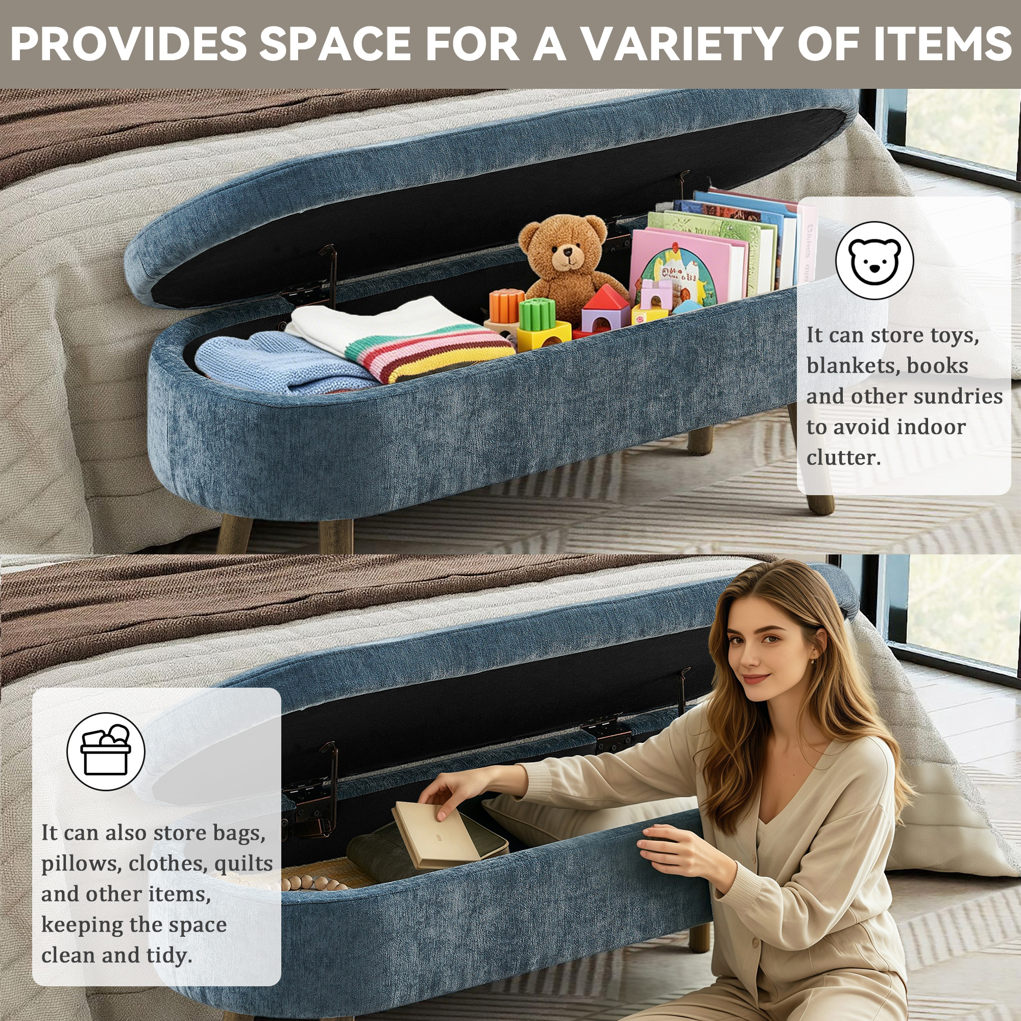 Banc de rangement multifonction en tissu chenille - image 3
