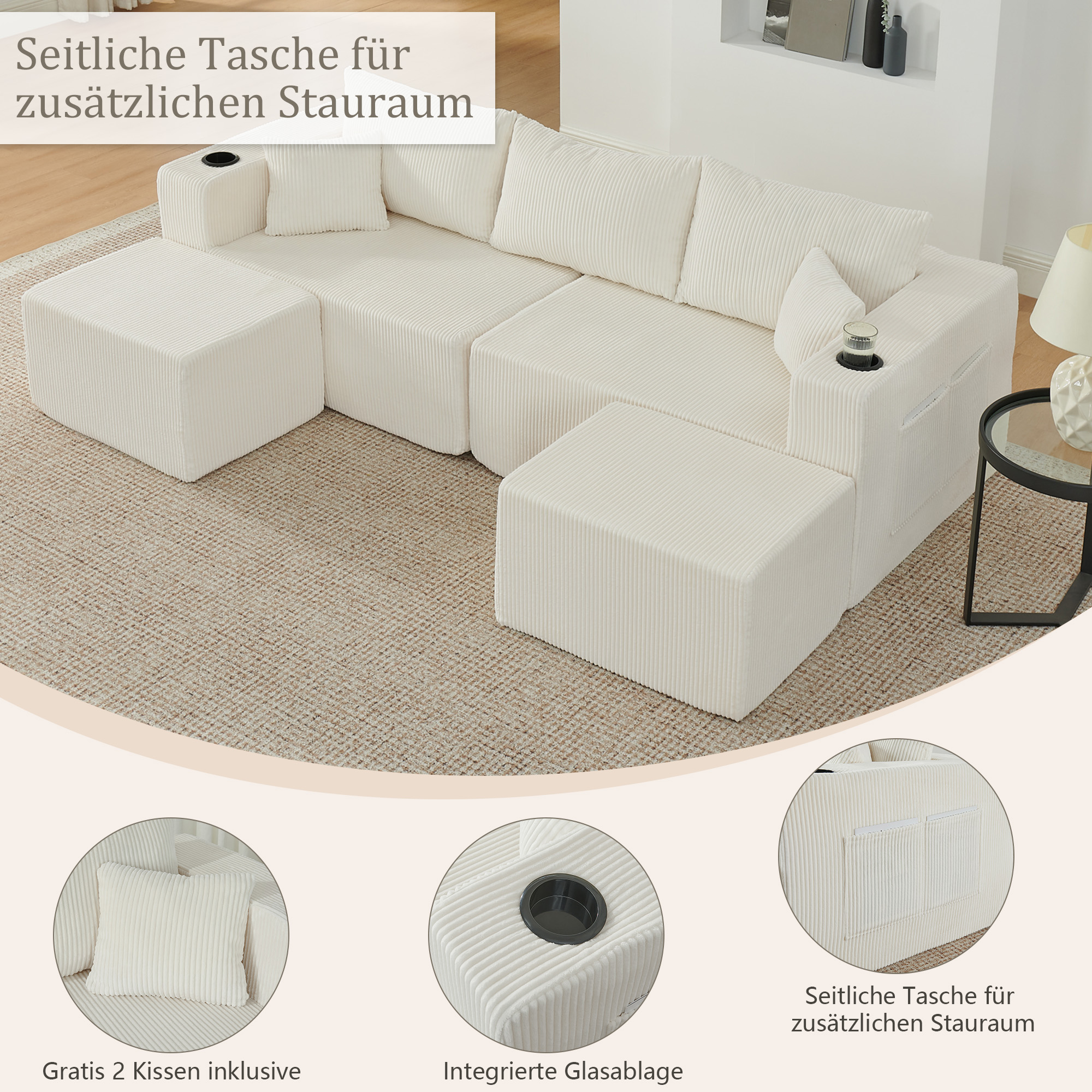 Canapé d’angle modulable 3 places canapé en L avec méridienne, avec rangement, garnissage en mousse, Beige - spécifications 1