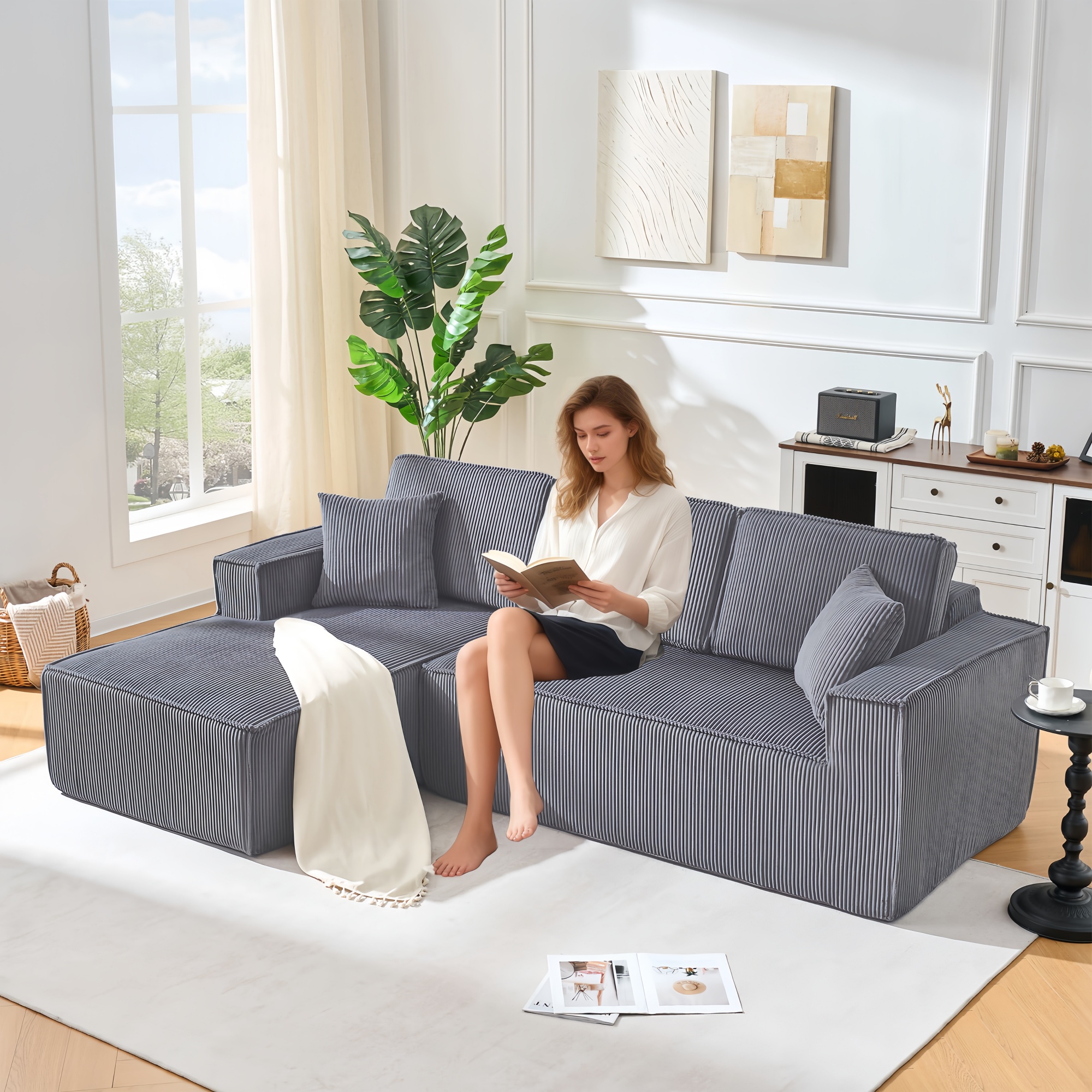 Vollkomprimiertes L-Form-Sofa aus Cordstoff, 2-Per