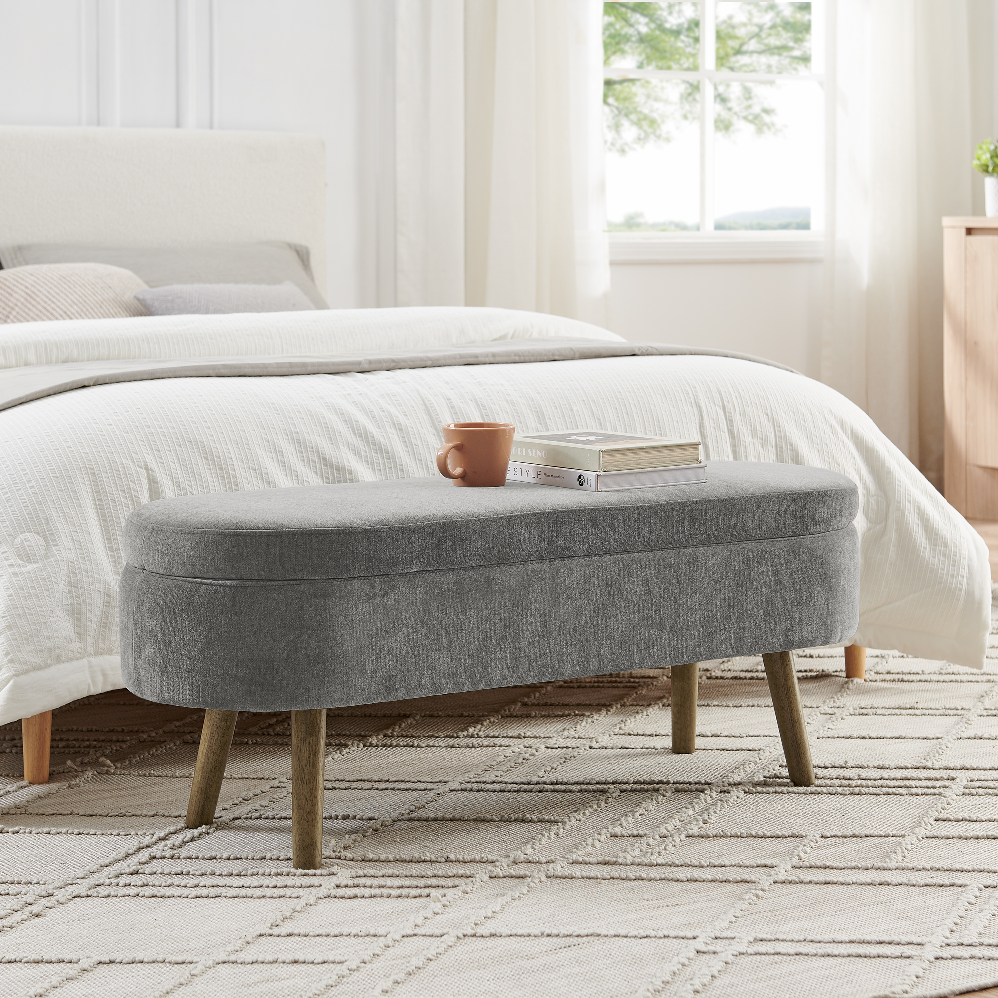Banc de rangement en tissu chenille, cadre bois massif, pieds bois, pour salon et chambre, toucher soyeux, résistant anti-boulochage, respirant, construction stable, design élégant, usage quotidien durable - image 5
