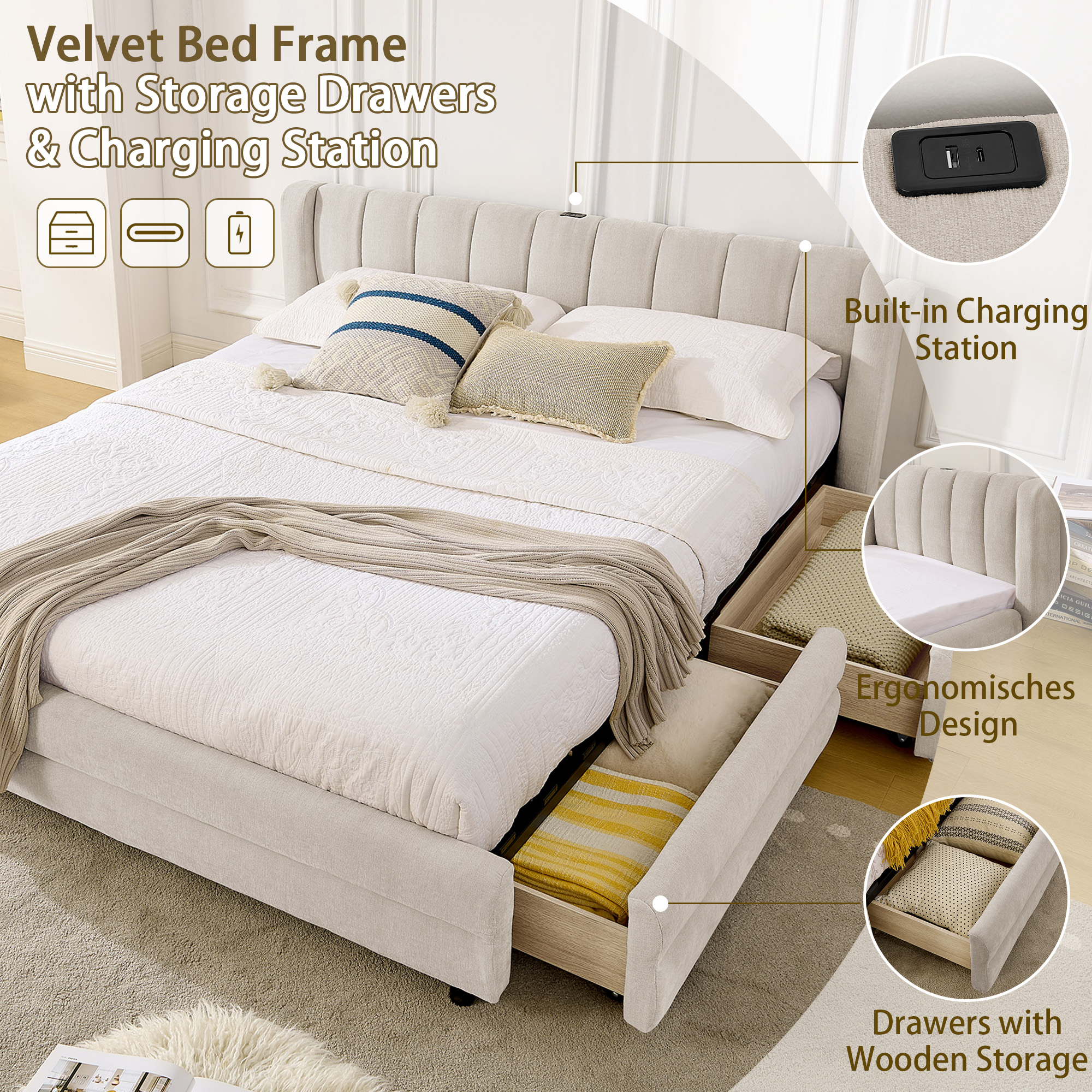 Lit design moderne beige chenille