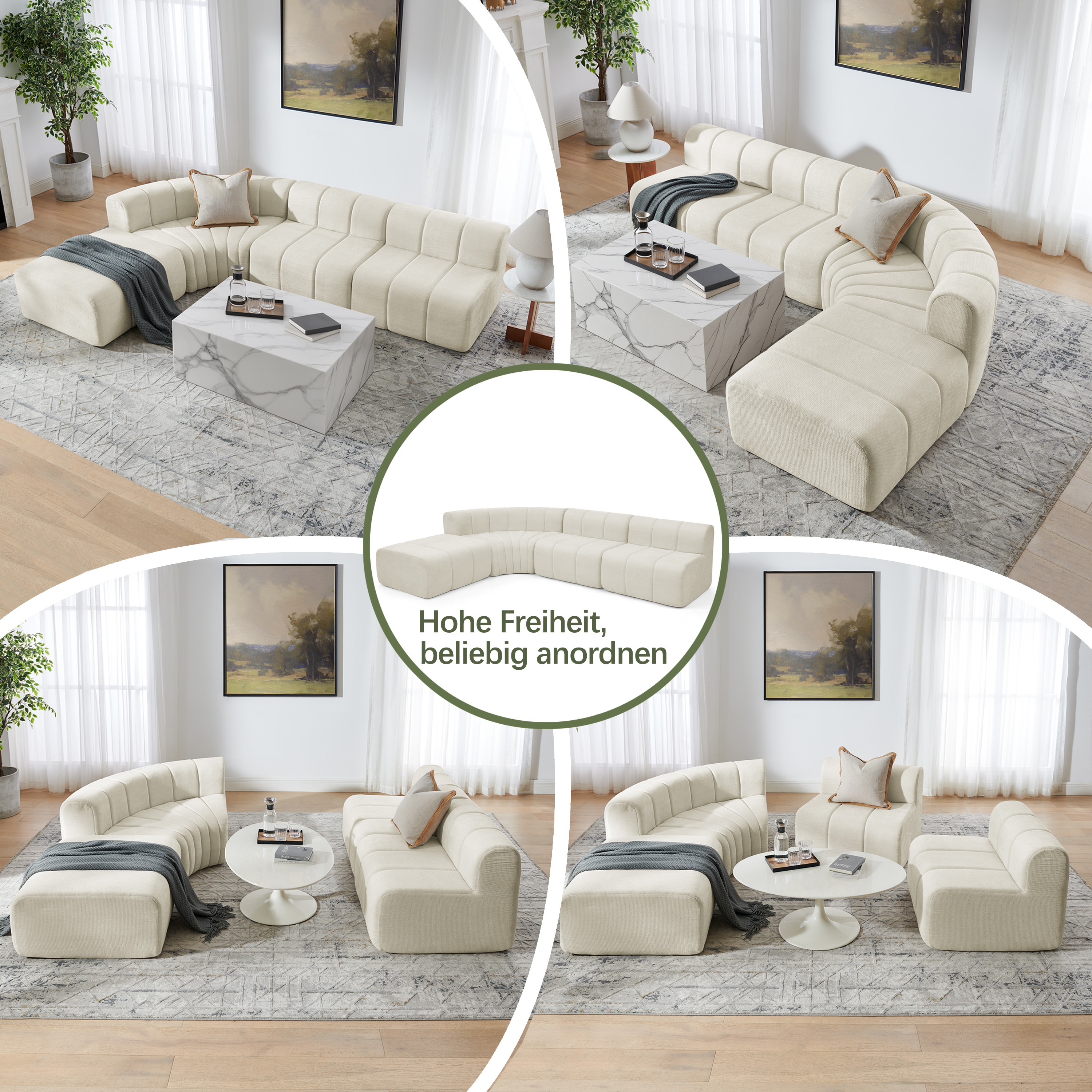 Canapé d’angle 4 places avec rangements, poufs en chenille beige - vue complémentaire 1