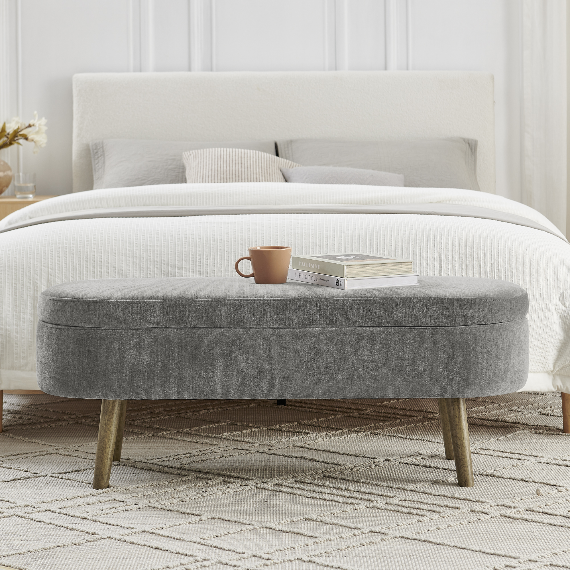 Banc de rangement en tissu chenille, cadre bois massif, pieds bois, pour salon et chambre, toucher soyeux, résistant anti-boulochage, respirant, construction stable, design élégant, usage quotidien durable - image 4