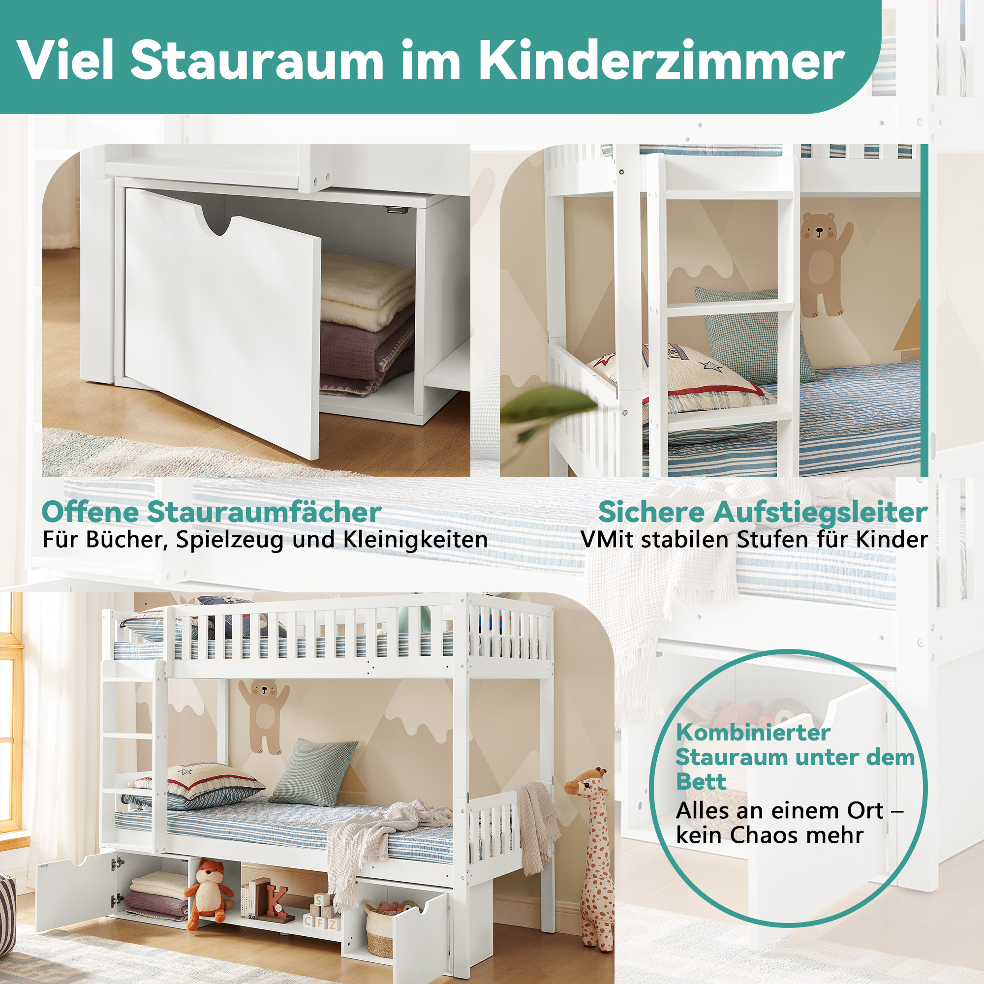 Massivkieferholz Kinder-Doppelbett, Größe 90×200 c