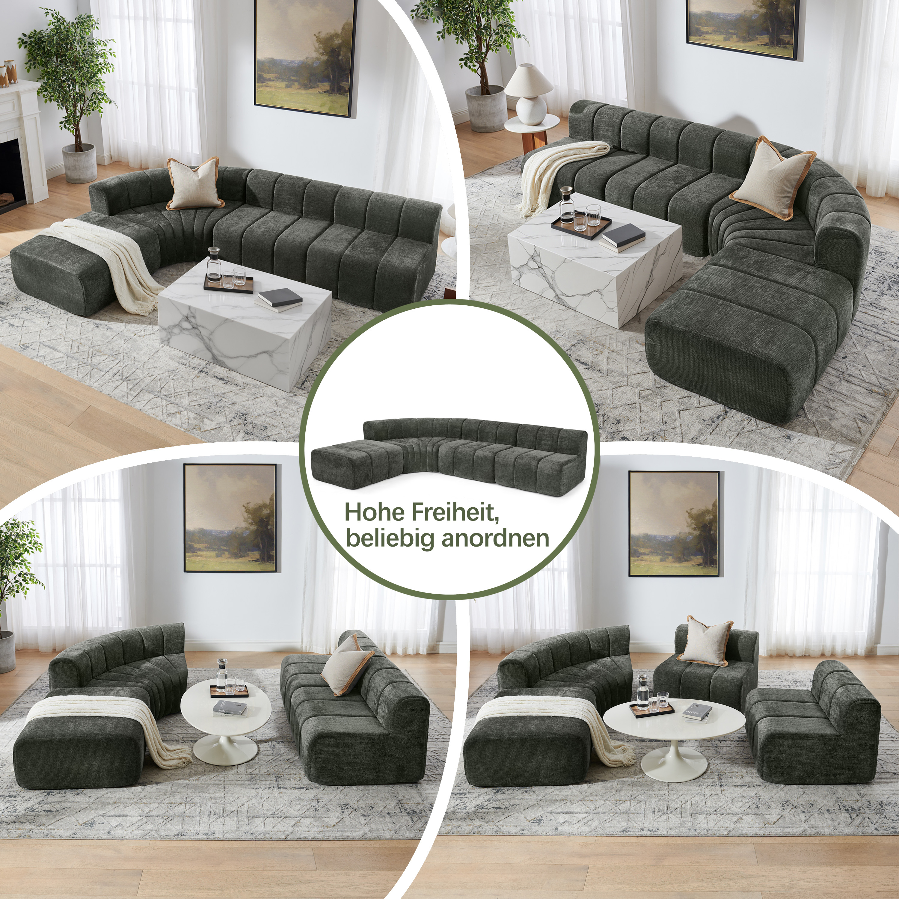 Canapé d’angle 4 places avec rangements, poufs en chenille noir - vue complémentaire 1