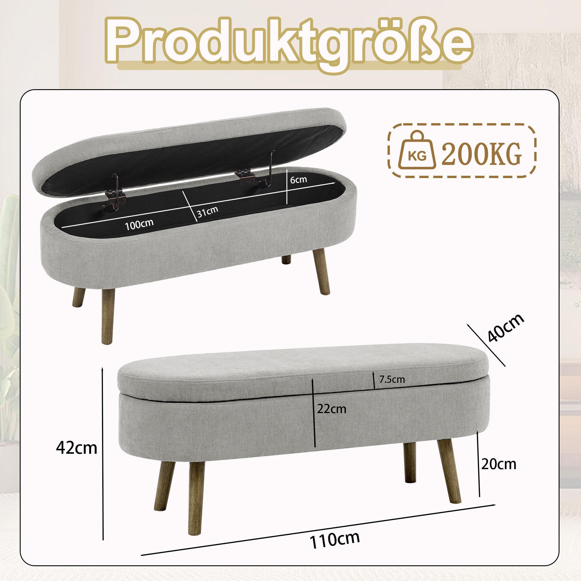 Banc de rangement en bois massif, tissu chenille, 20 L capacité, hydraulique, pour entrée, salon et chambre, design élégant, beaucoup de rangement, confort assise, stabilité, durabilité, style fonctionnel, décoration - image 5