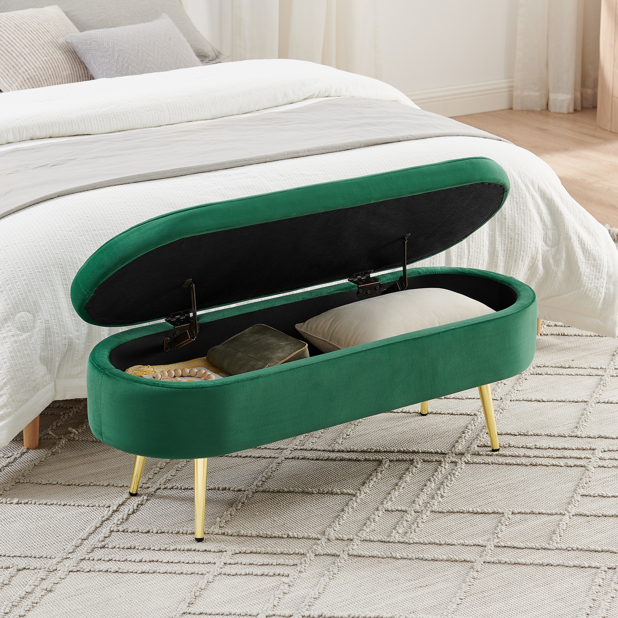 Banc de rangement en velours doux, cadre en bois massif et pieds en métal, capacité de charge élevée, respirant et anti-boulochage, pour entrée, chambre et salon, design luxueux et fonctionnel - image 3