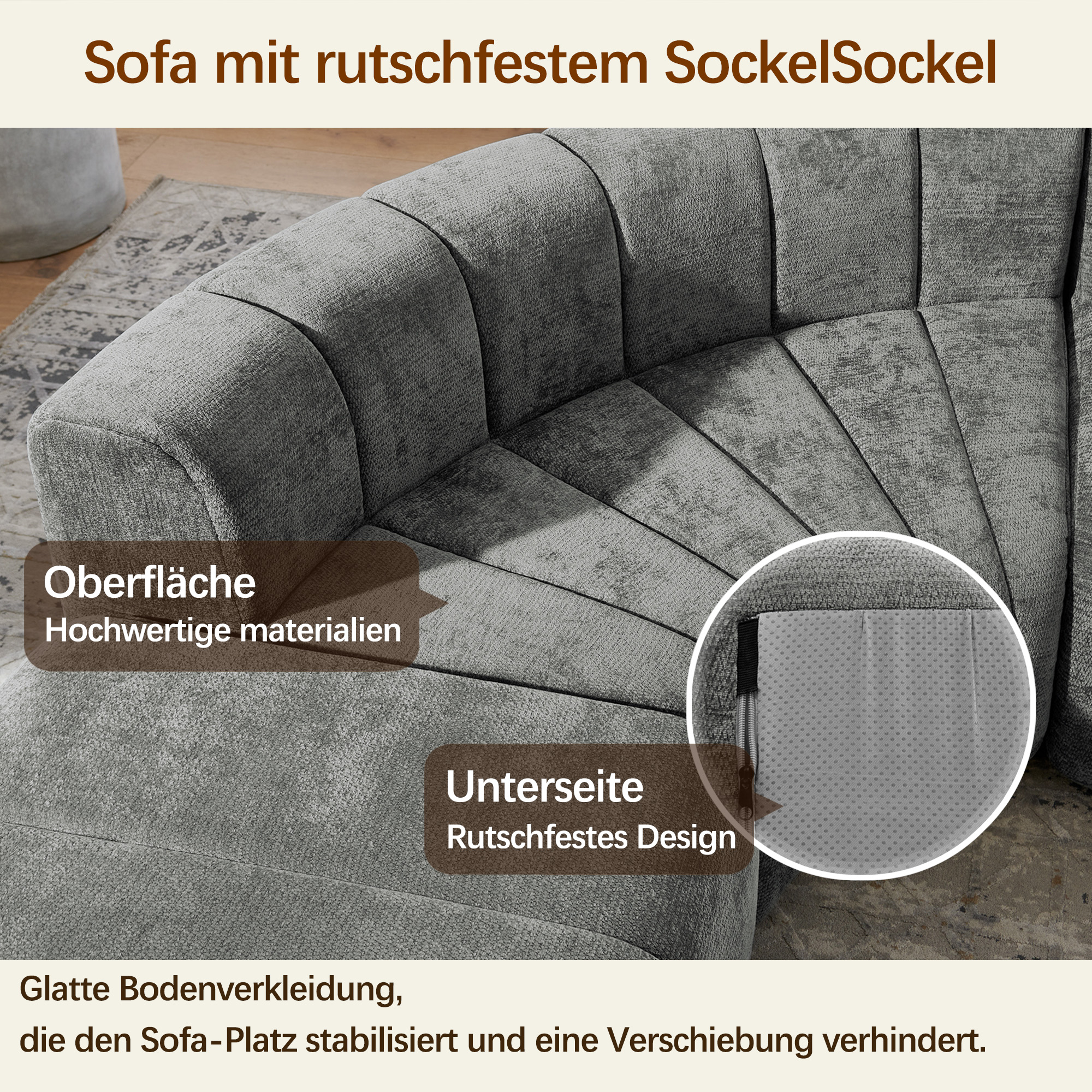 Canapé d’angle 4 places avec rangements, poufs en chenille gris - spécifications 1
