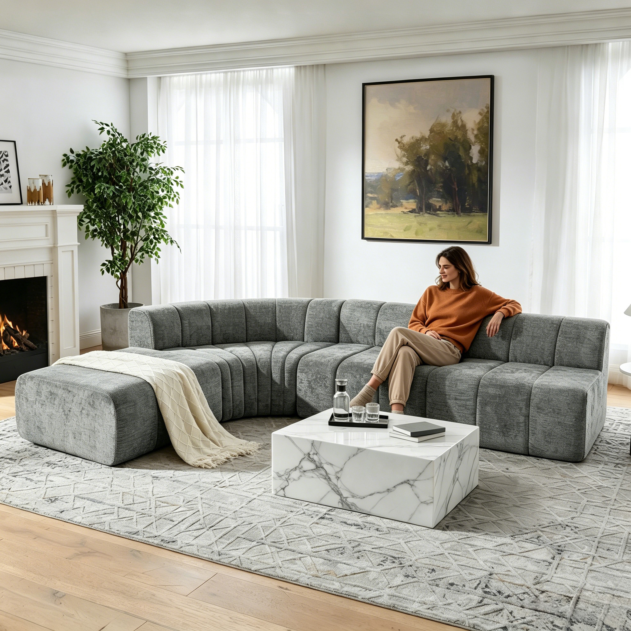 Canapé d’angle 4 places avec rangements, poufs en chenille gris - présentation 1
