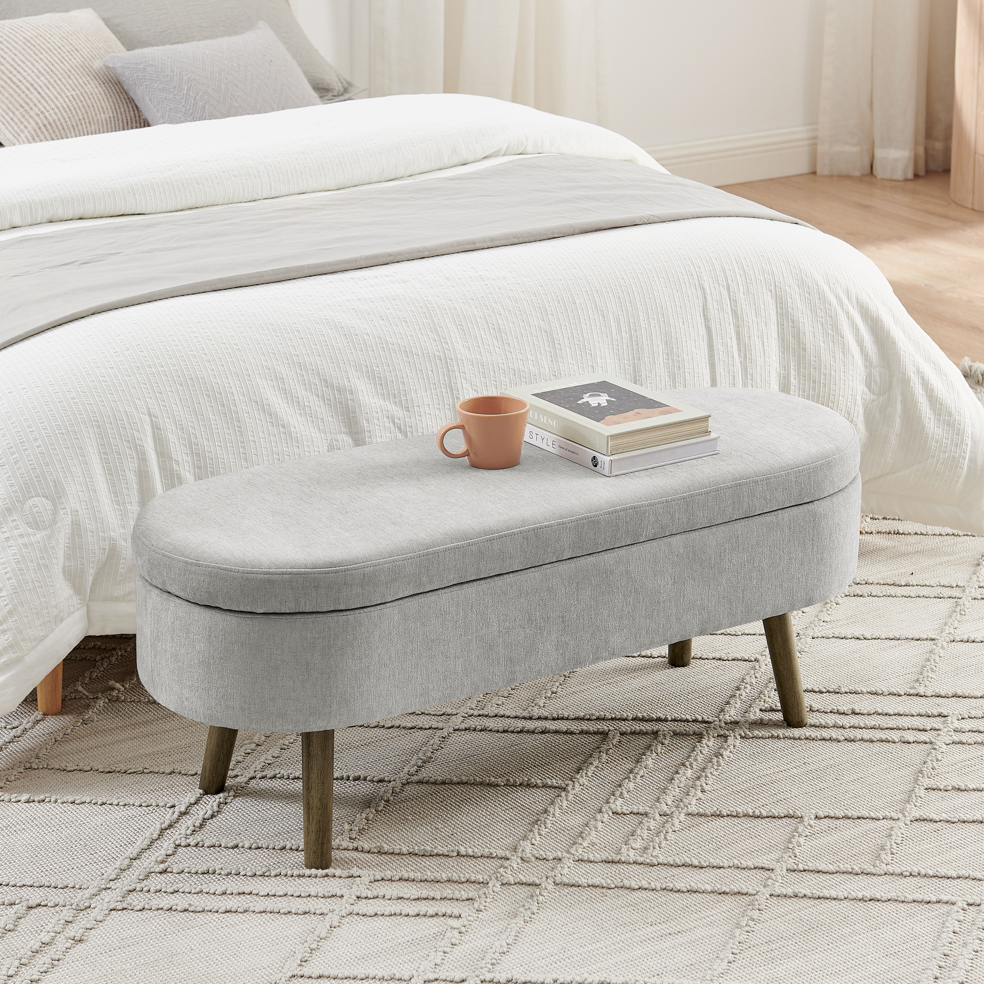 Banc de rangement en bois massif, tissu chenille, 20 L capacité, hydraulique, pour entrée, salon et chambre, design élégant, beaucoup de rangement, confort assise, stabilité, durabilité, style fonctionnel, décoration - image 9