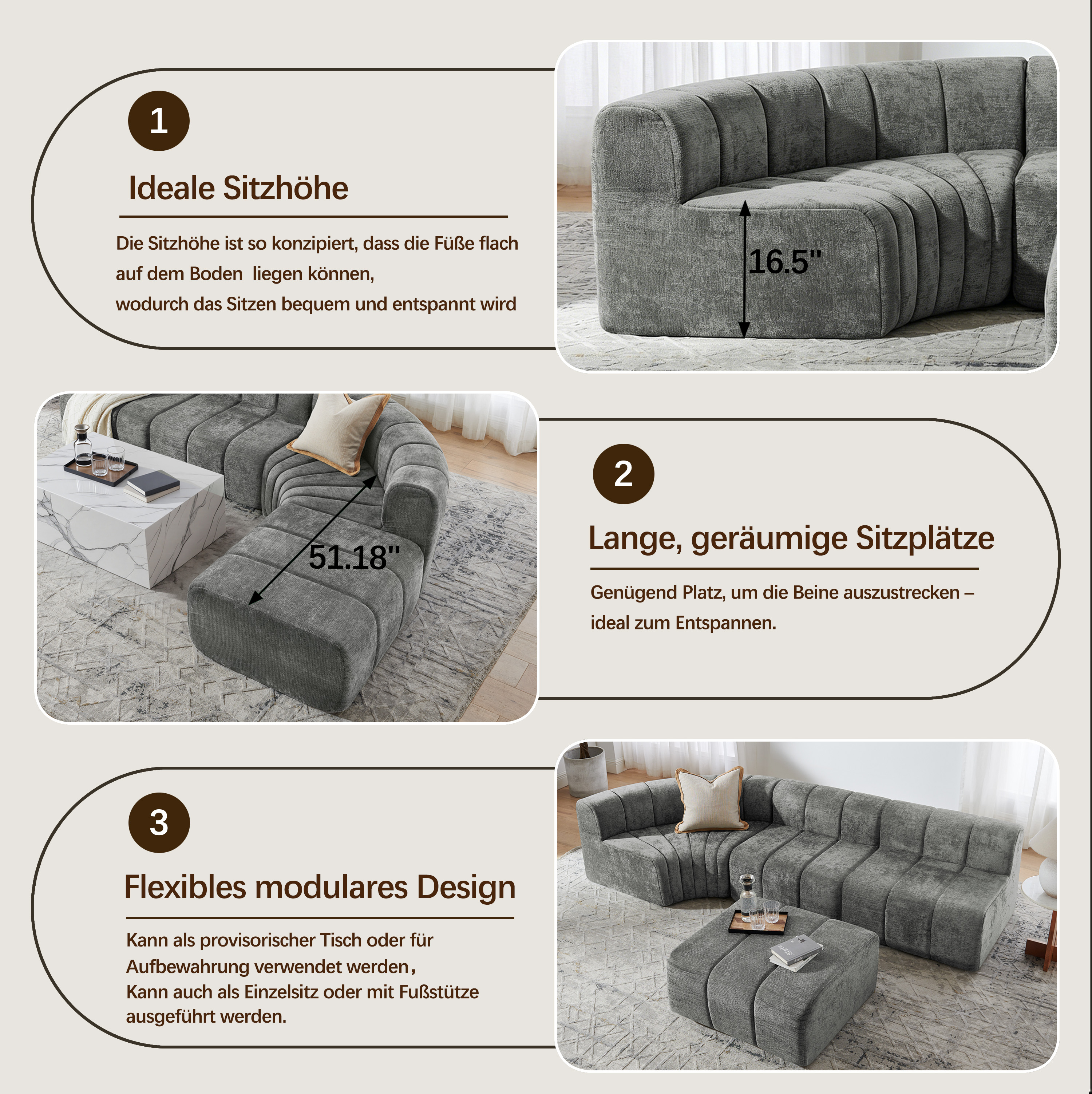 Canapé d’angle 4 places avec rangements, poufs en chenille gris - vue complémentaire 1