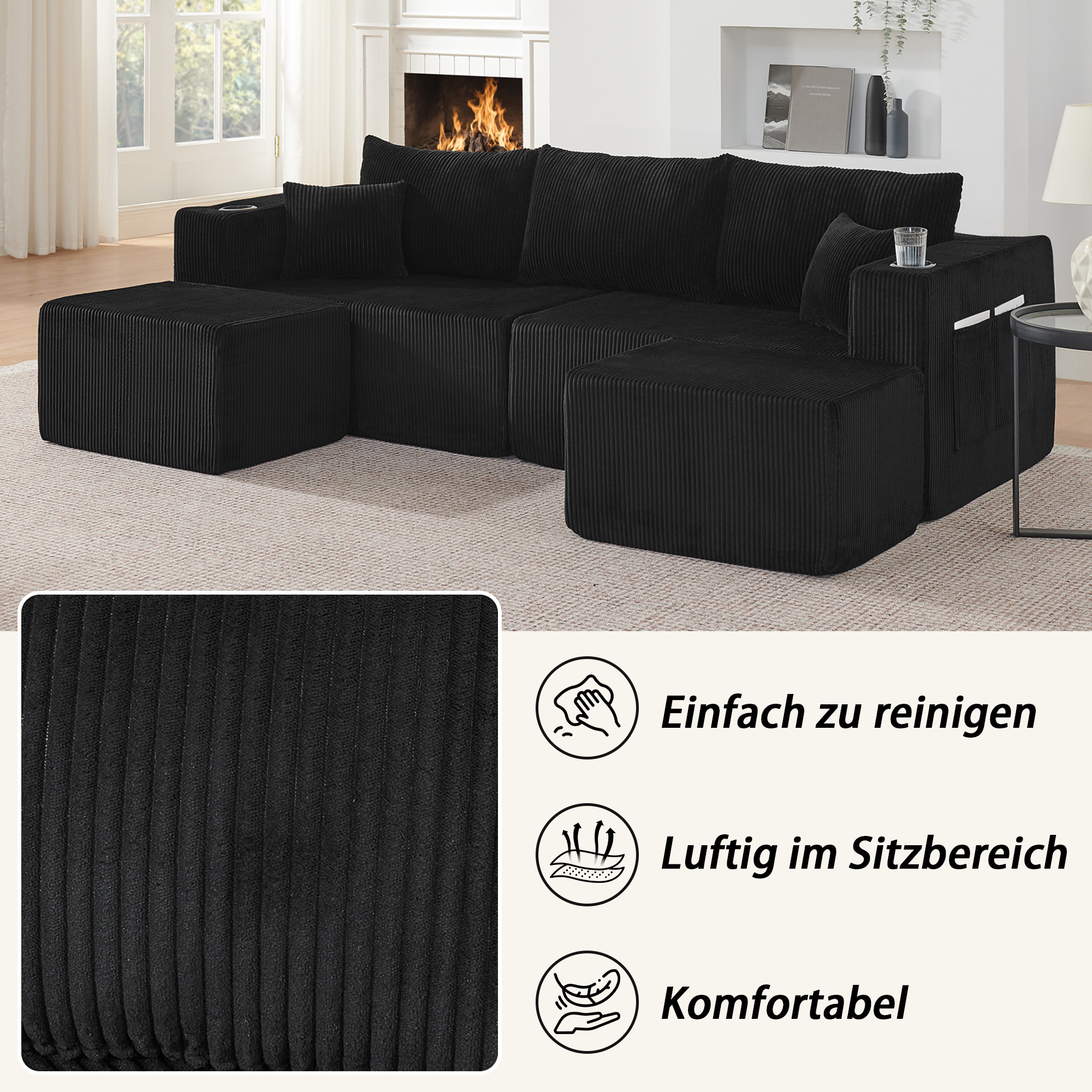 canapé modulaire forme L avec deux poufs mobiles