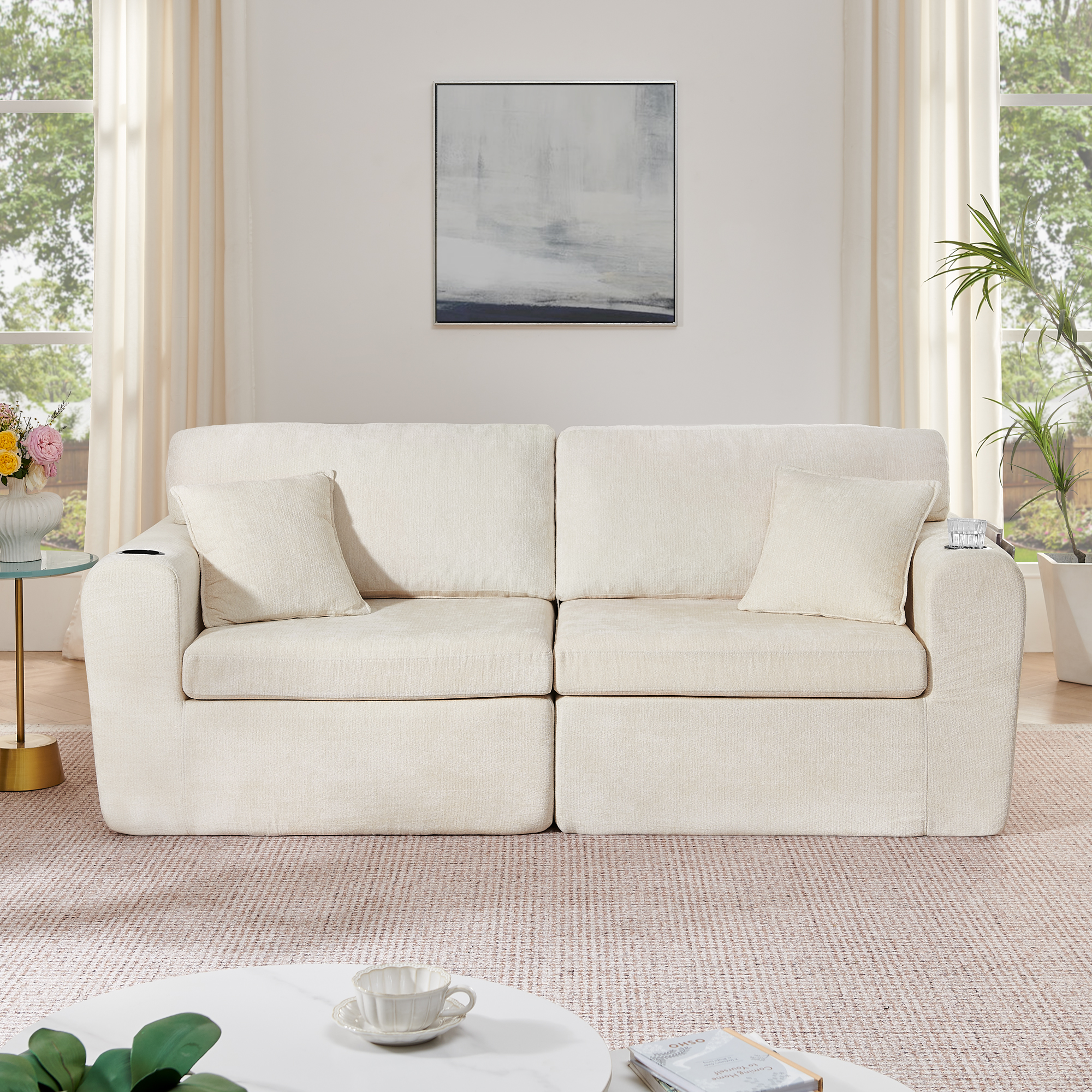 Canapé relax 2 places en chenille beige avec USB et porte-gobelets - vue 2