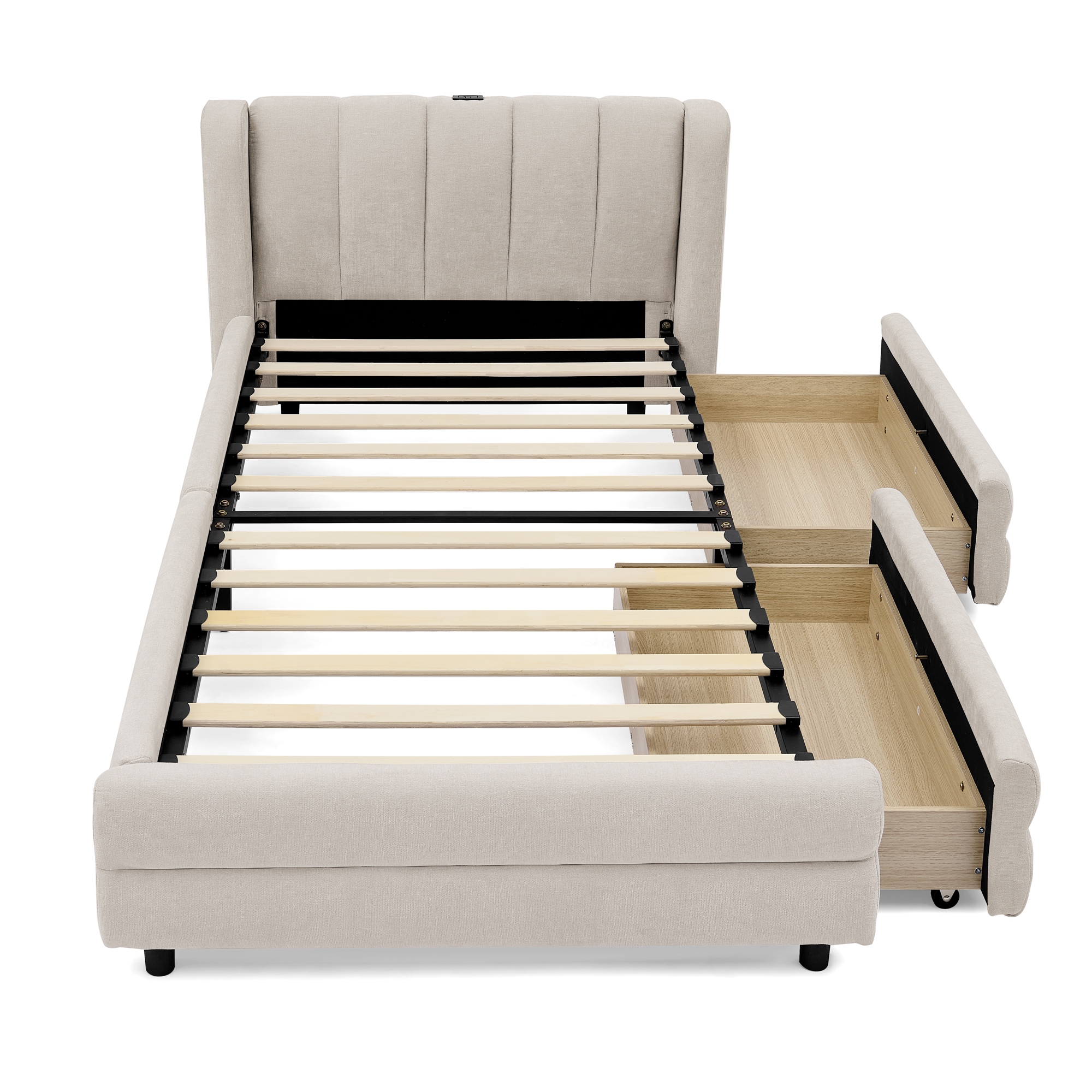 Lit chenille beige avec rangement et USB