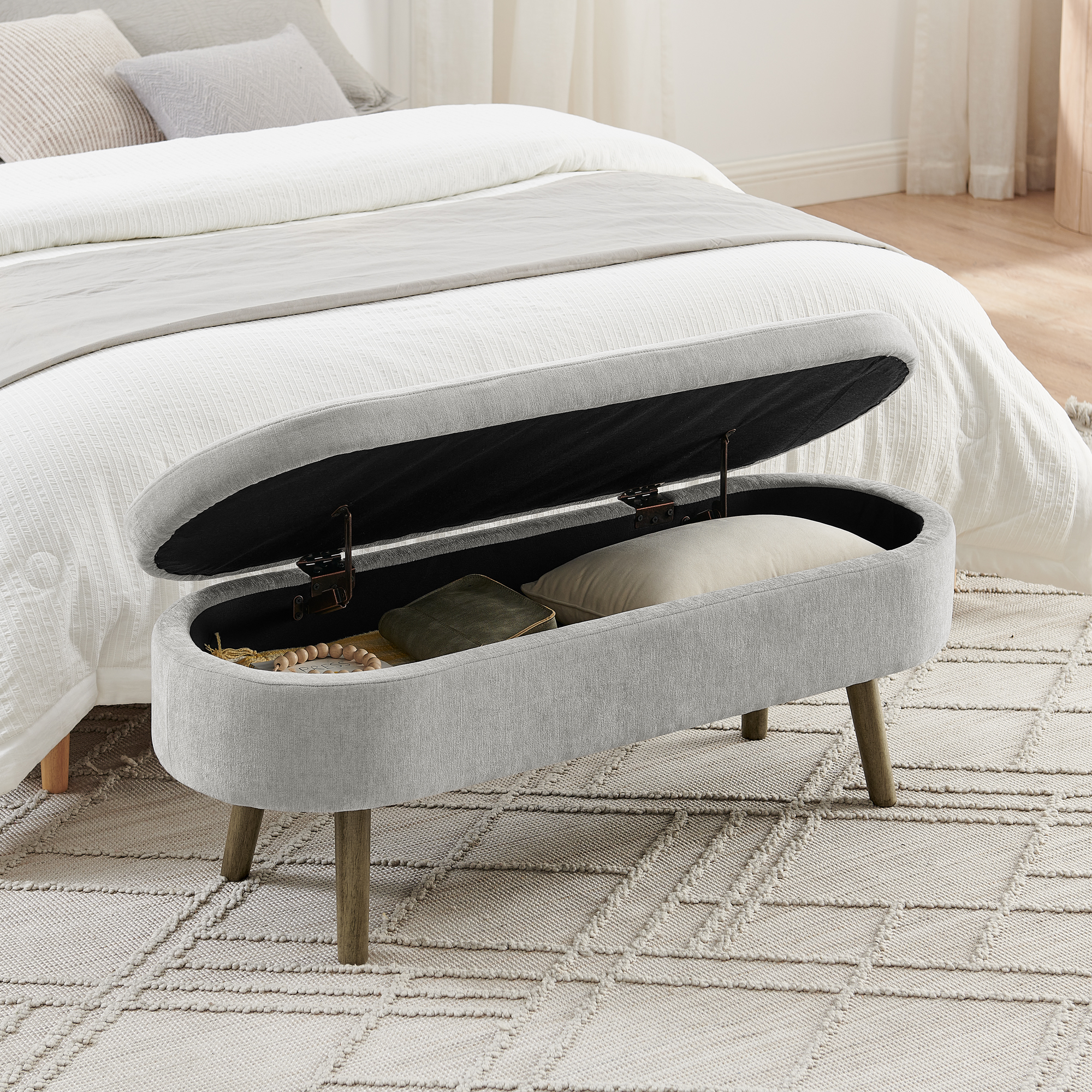 Banc de rangement en bois massif, tissu chenille, 20 L capacité, hydraulique, pour entrée, salon et chambre, design élégant, beaucoup de rangement, confort assise, stabilité, durabilité, style fonctionnel, décoration - image 8