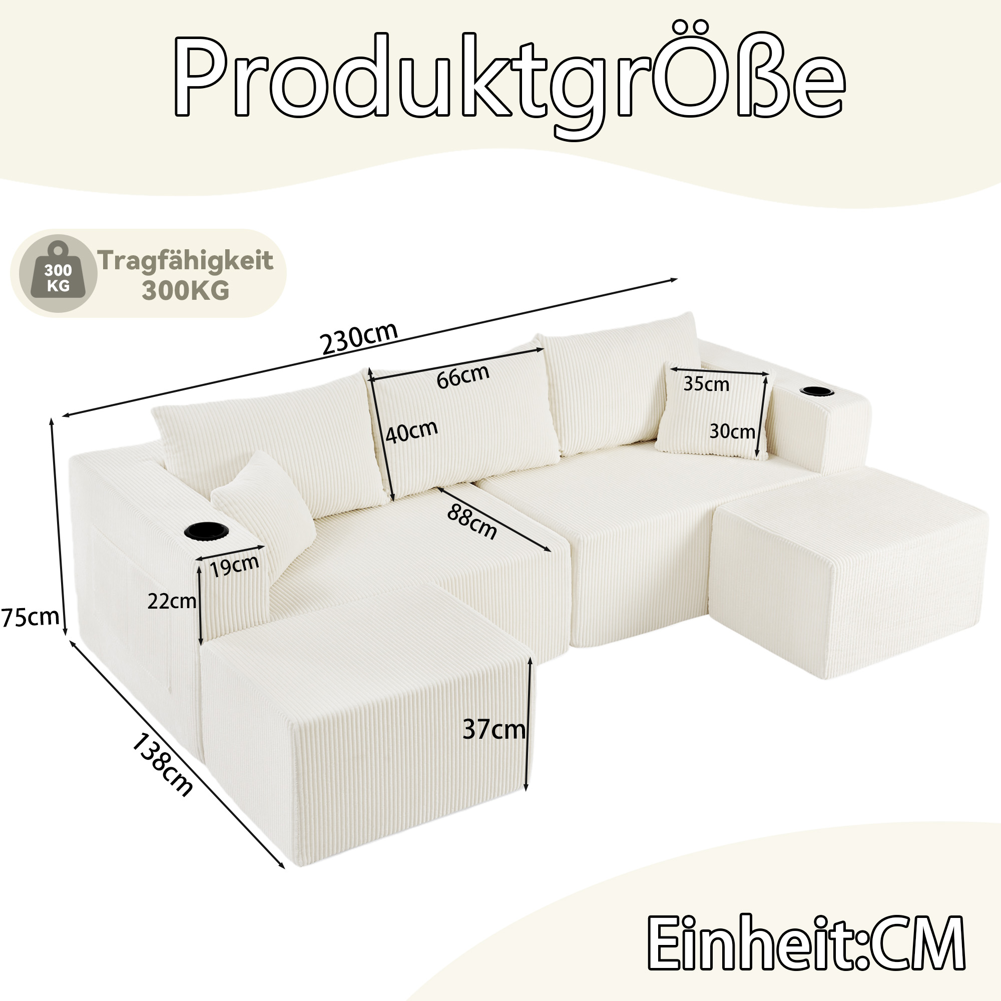 Canapé d’angle modulable 3 places canapé en L avec méridienne, avec rangement, garnissage en mousse, Beige - vue complémentaire 1