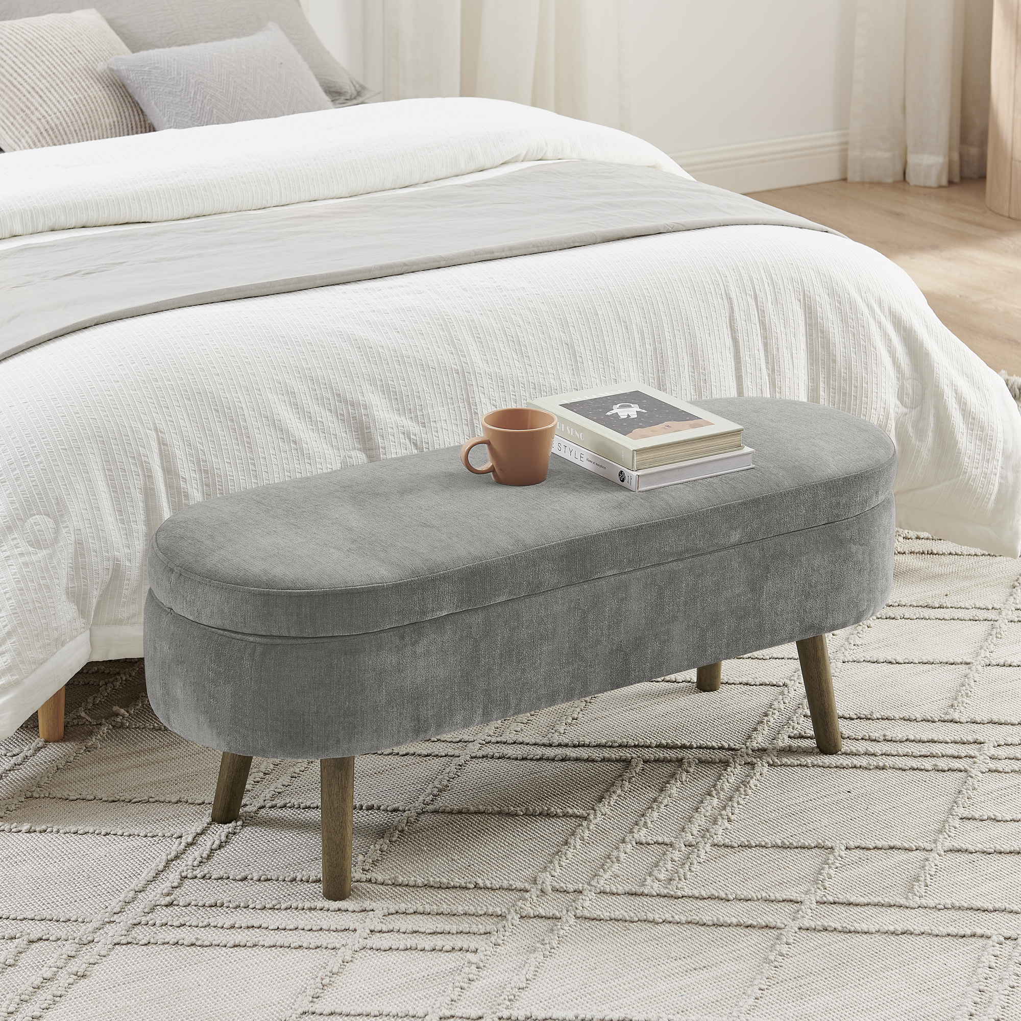 Banc de rangement en tissu chenille, cadre bois massif, pieds bois, pour salon et chambre, toucher soyeux, résistant anti-boulochage, respirant, construction stable, design élégant, usage quotidien durable - image 6